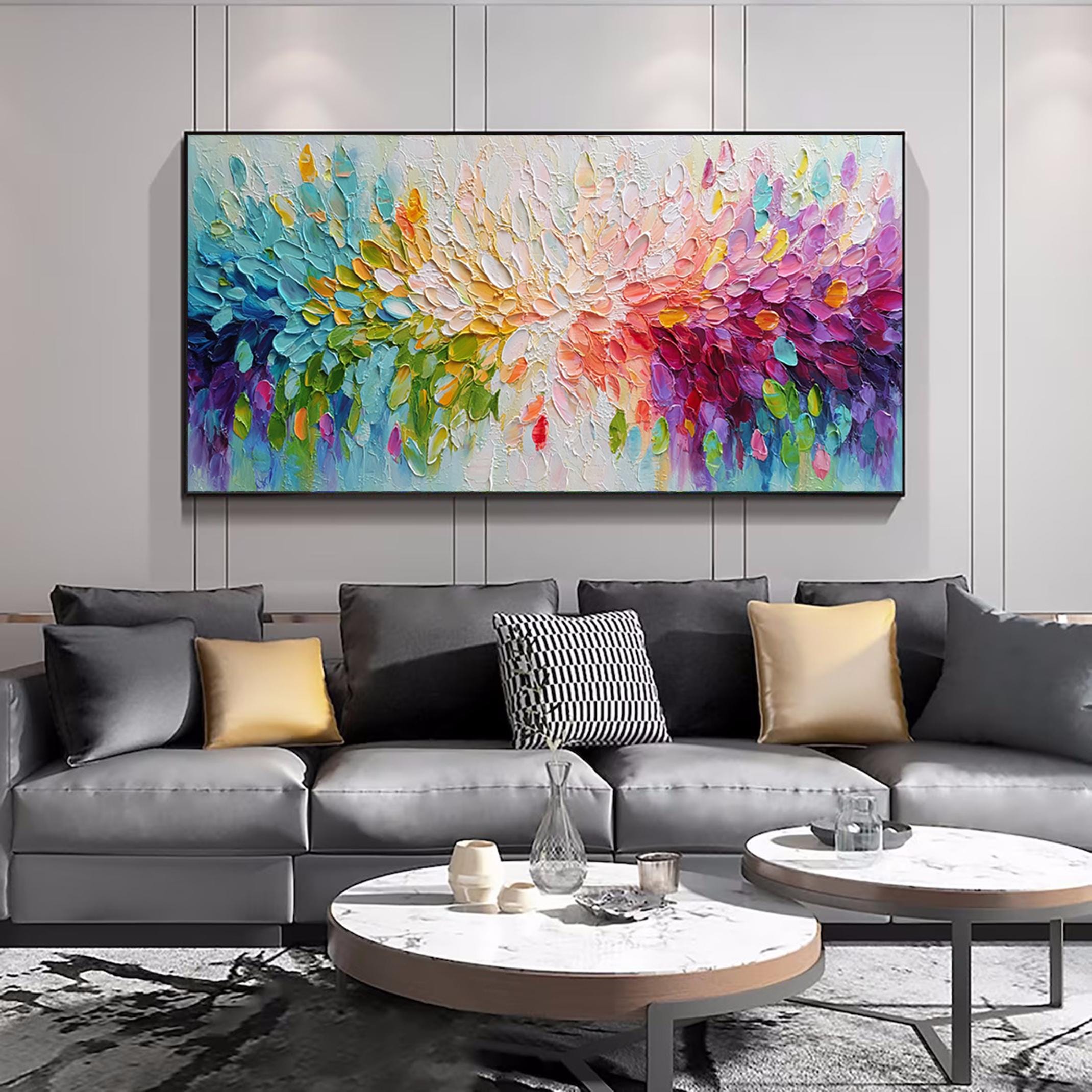 Hand Painted Thick Texture Petal Knife Painting 3D Colorful Abstract Canvas Wall Art Contemporary Home Decor Customized Sofa Artwork