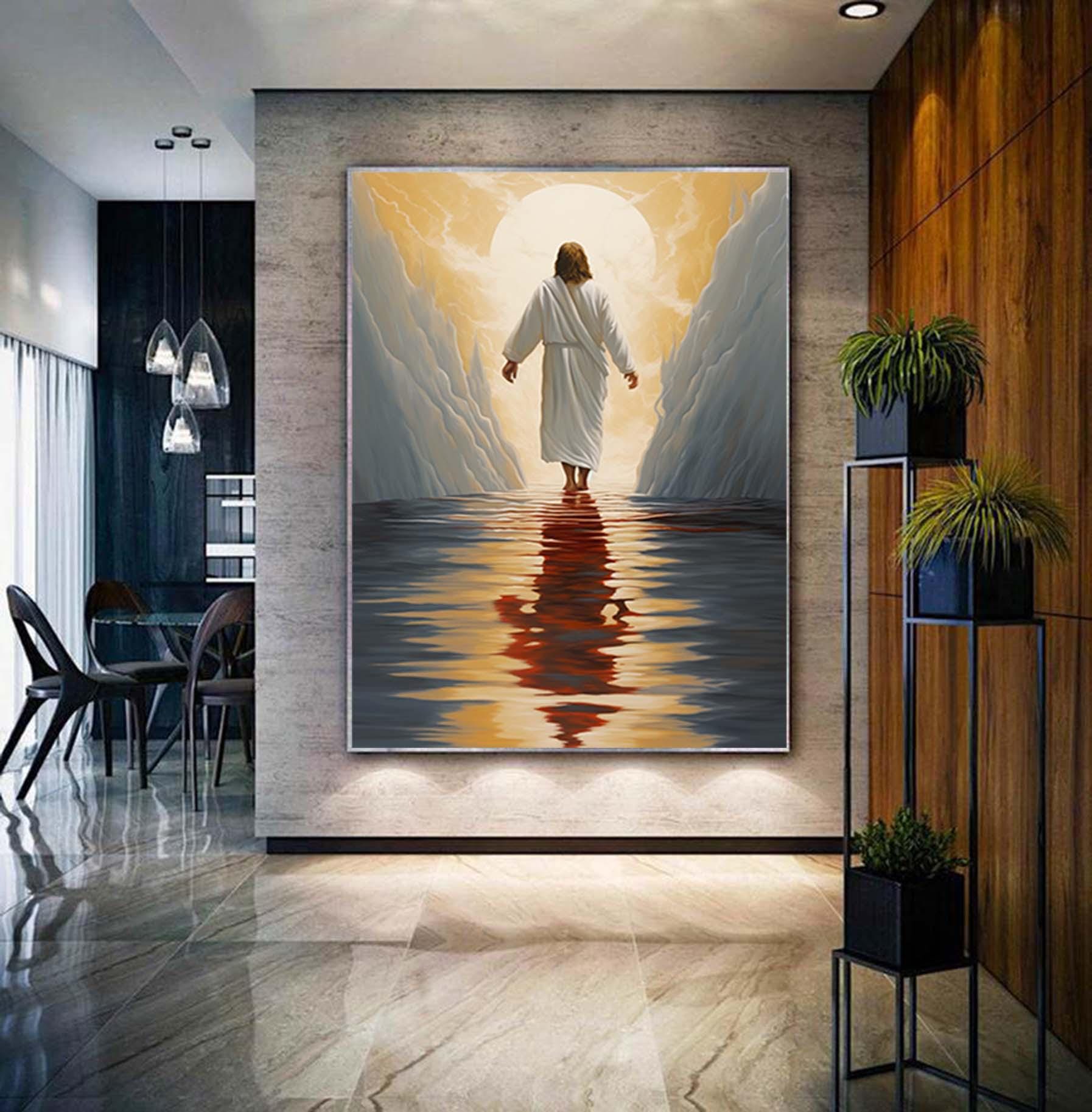 Jesus walking on water wall art,White 3D Abstract painting,Extra Large Textured Paintings,Religious Acrylic Paintings, Modern christian art