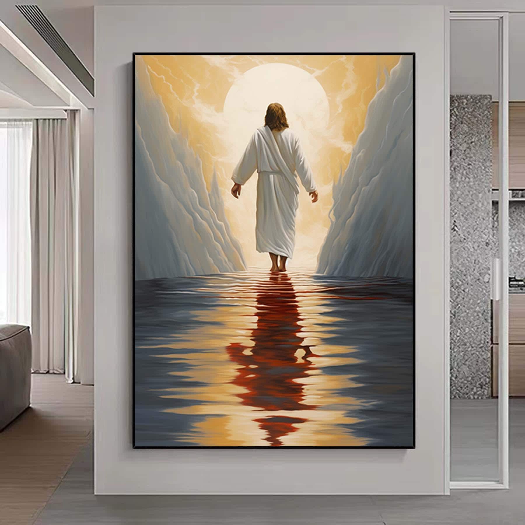 Jesus walking on water wall art,White 3D Abstract painting,Extra Large Textured Paintings,Religious Acrylic Paintings, Modern christian art