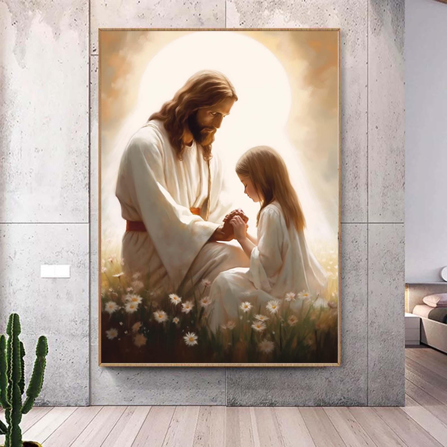 Large Jesus and Girl Praying Painting,Abstract Textured Christian Art, Jesus with Girl Wall Art, Bible Verse Wall Art,Religious Painting
