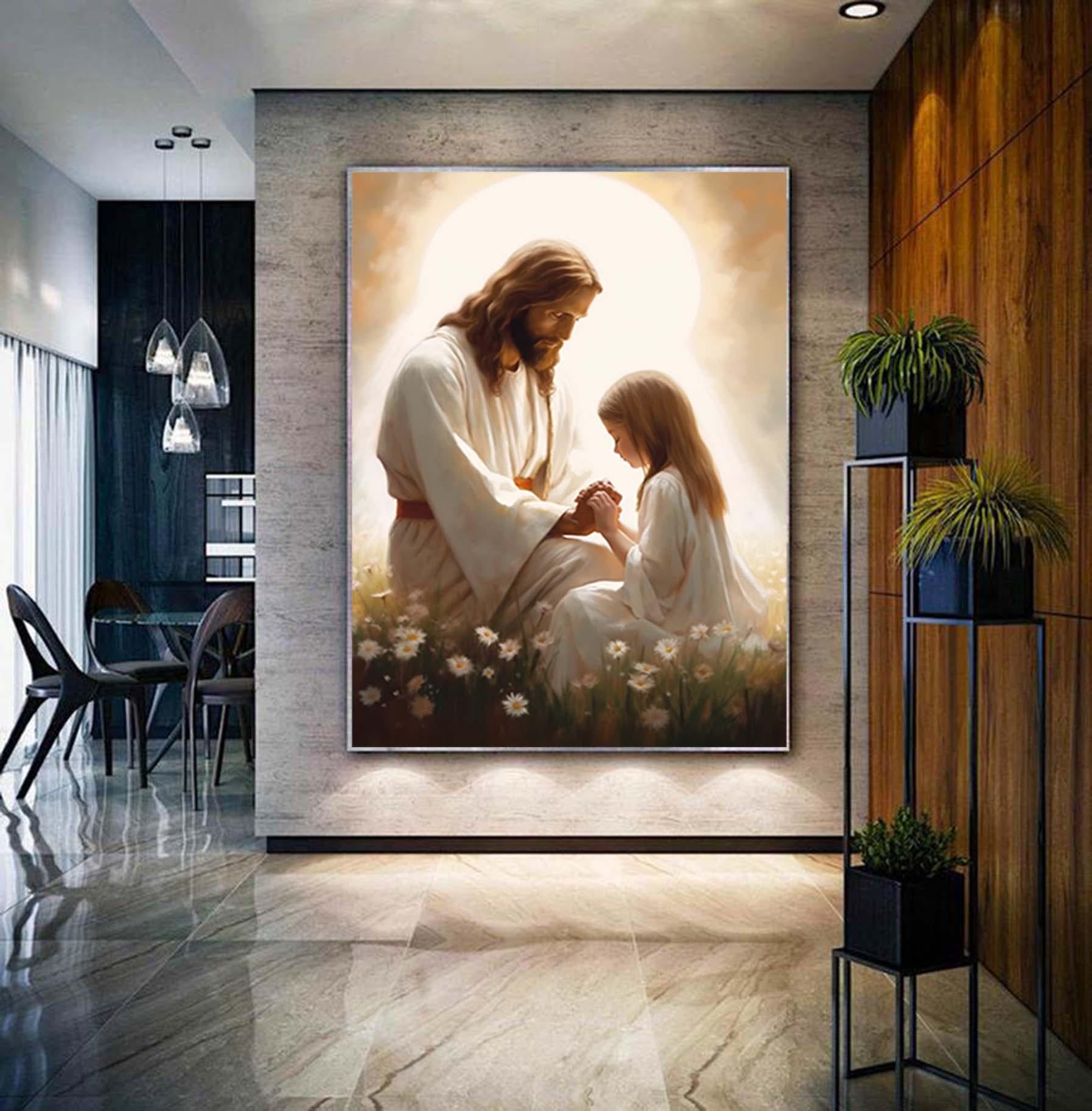 Large Jesus and Girl Praying Painting,Abstract Textured Christian Art, Jesus with Girl Wall Art, Bible Verse Wall Art,Religious Painting