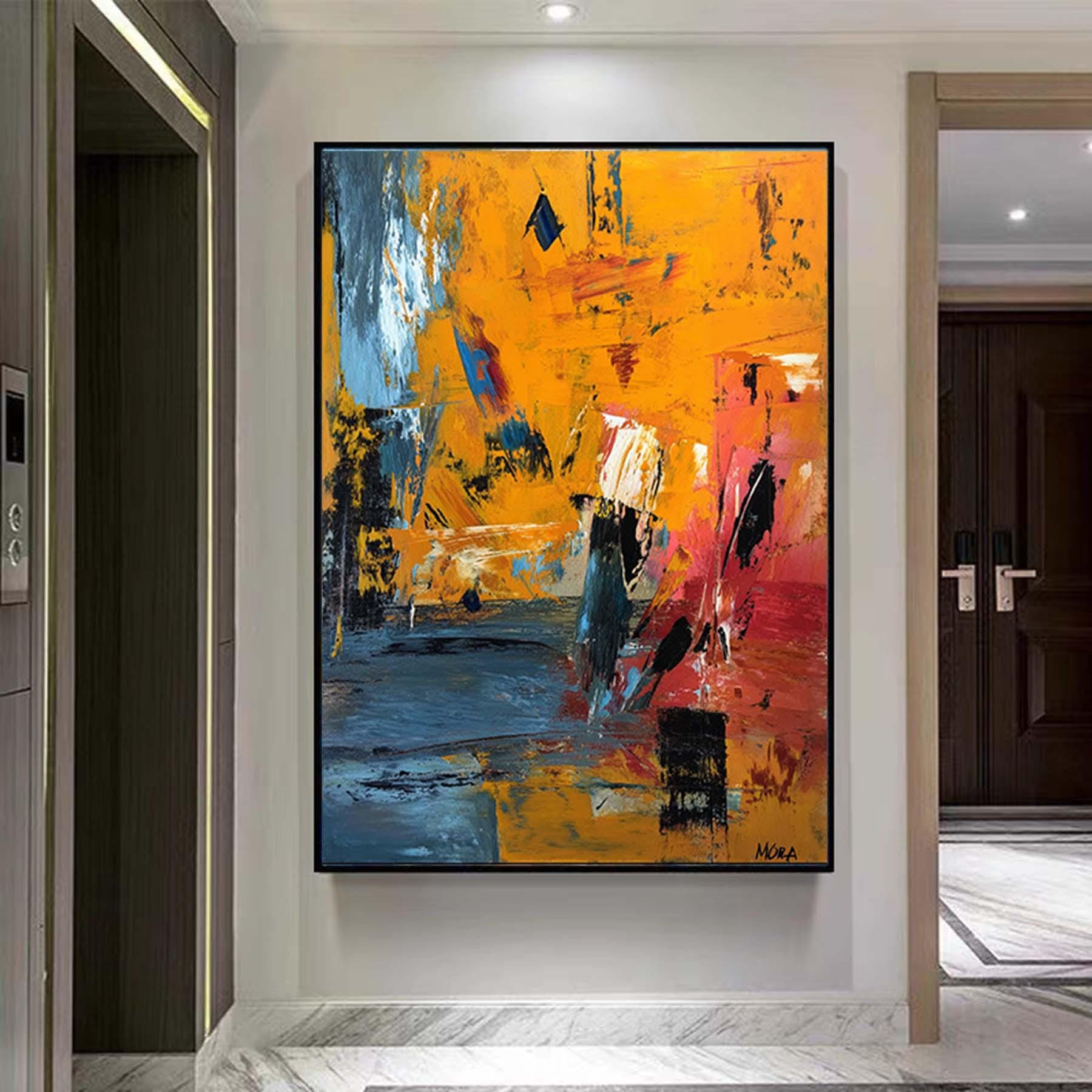 Large Yellow Abstract Painting, Textured Palette Knife Art