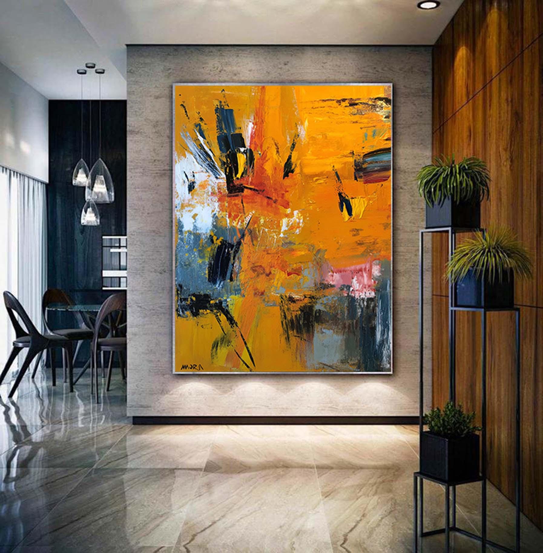 Large Yellow Palette Knife Painting, Textured Abstract, Modern Wall Art