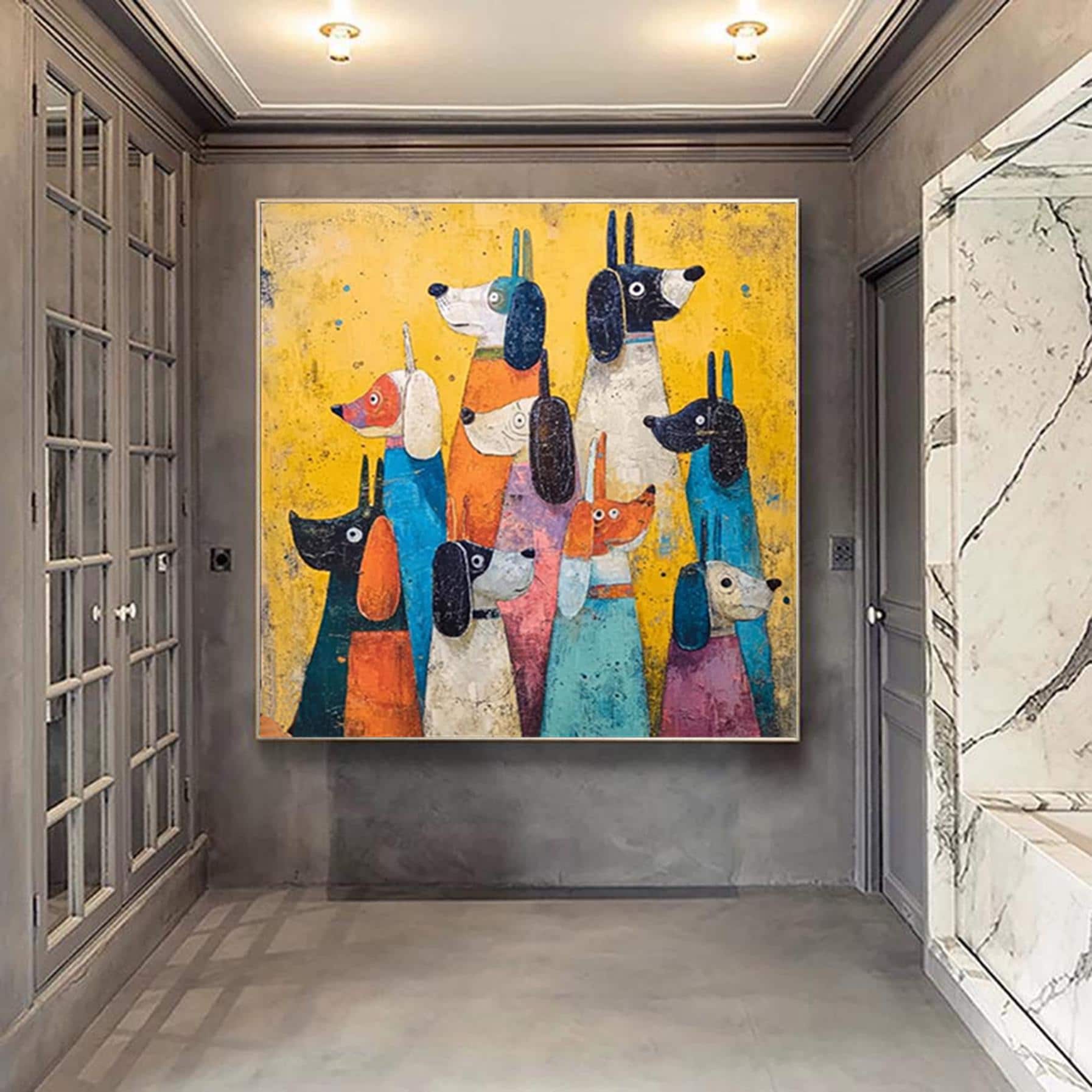 Hand-Painted Abstract Animal Oil Painting, Cute Abstract Dog, Modern Minimalist Wall Art for Living Room, Entryway, Dining Room