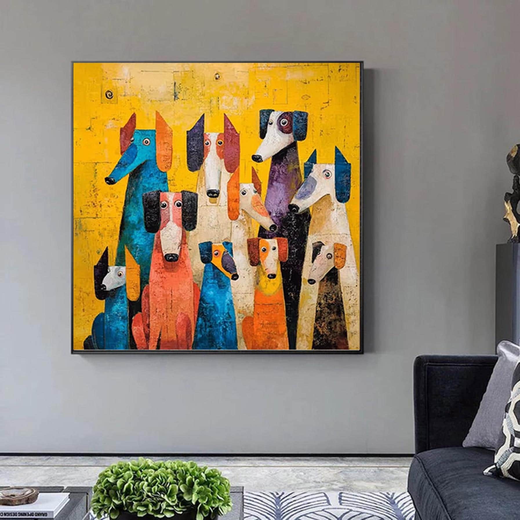 Hand-Painted Abstract Animal Oil Painting, Cute Abstract Dogs, Modern Minimalist Wall Art for Living Room, Entryway, Dining Room