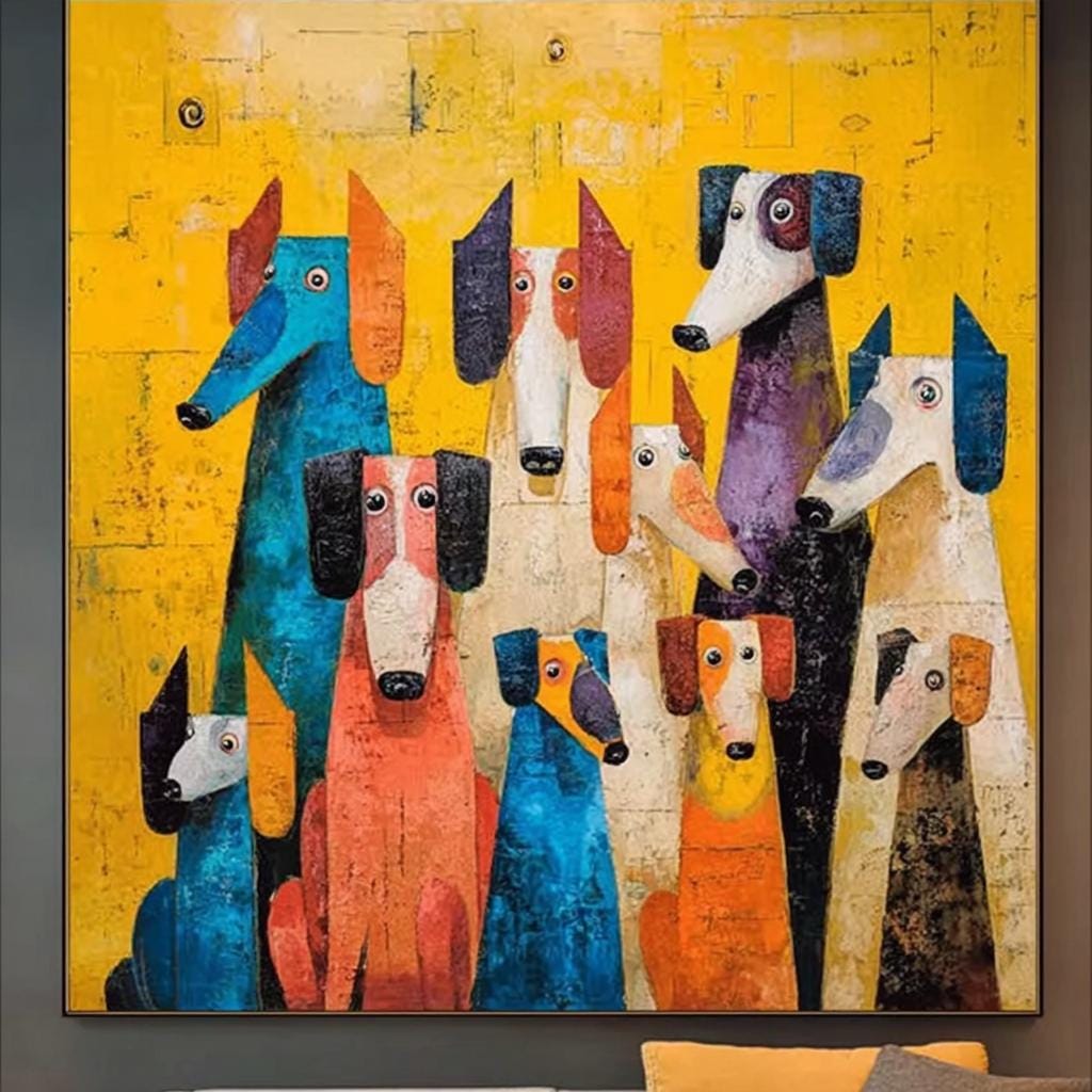 Hand-Painted Abstract Animal Oil Painting, Cute Abstract Dogs, Modern Minimalist Wall Art for Living Room, Entryway, Dining Room
