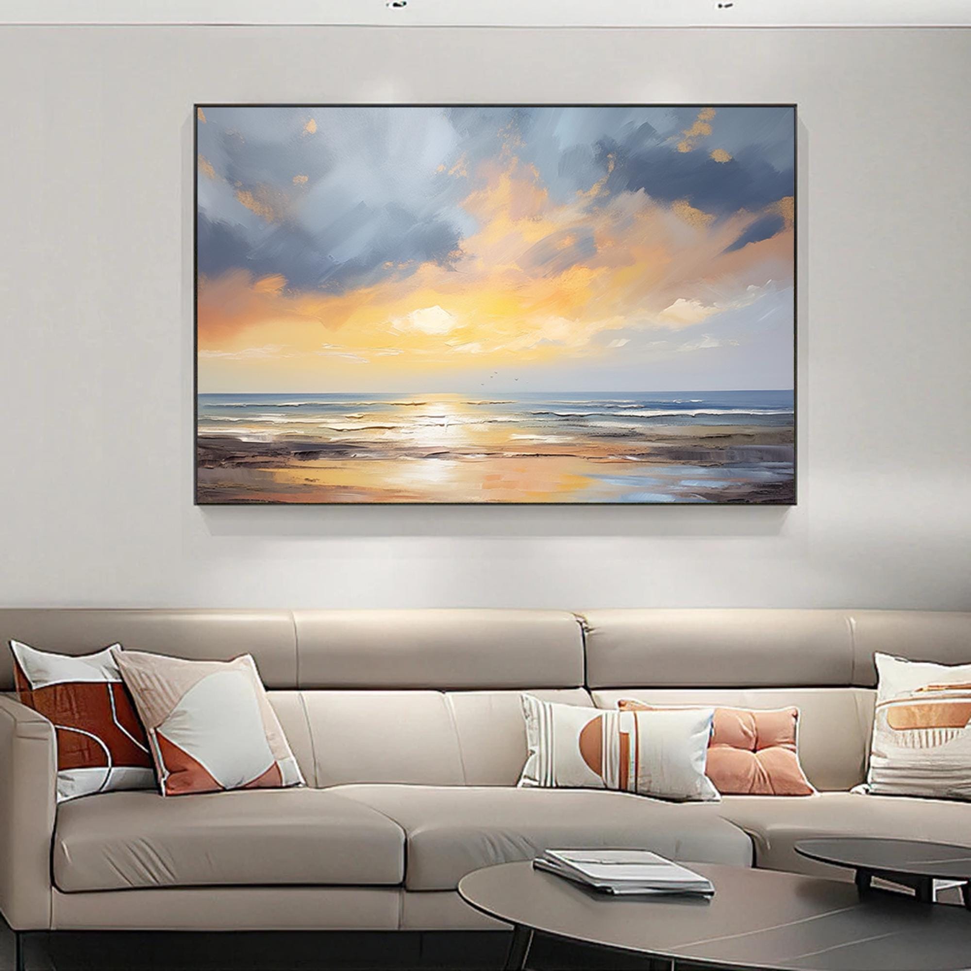 Extra Large Wabi-Sabi Seawaves Painting,Large Beige Sunset on Ocean Textured Painting,Oversized Minimalist Abstract Wall Art for Home