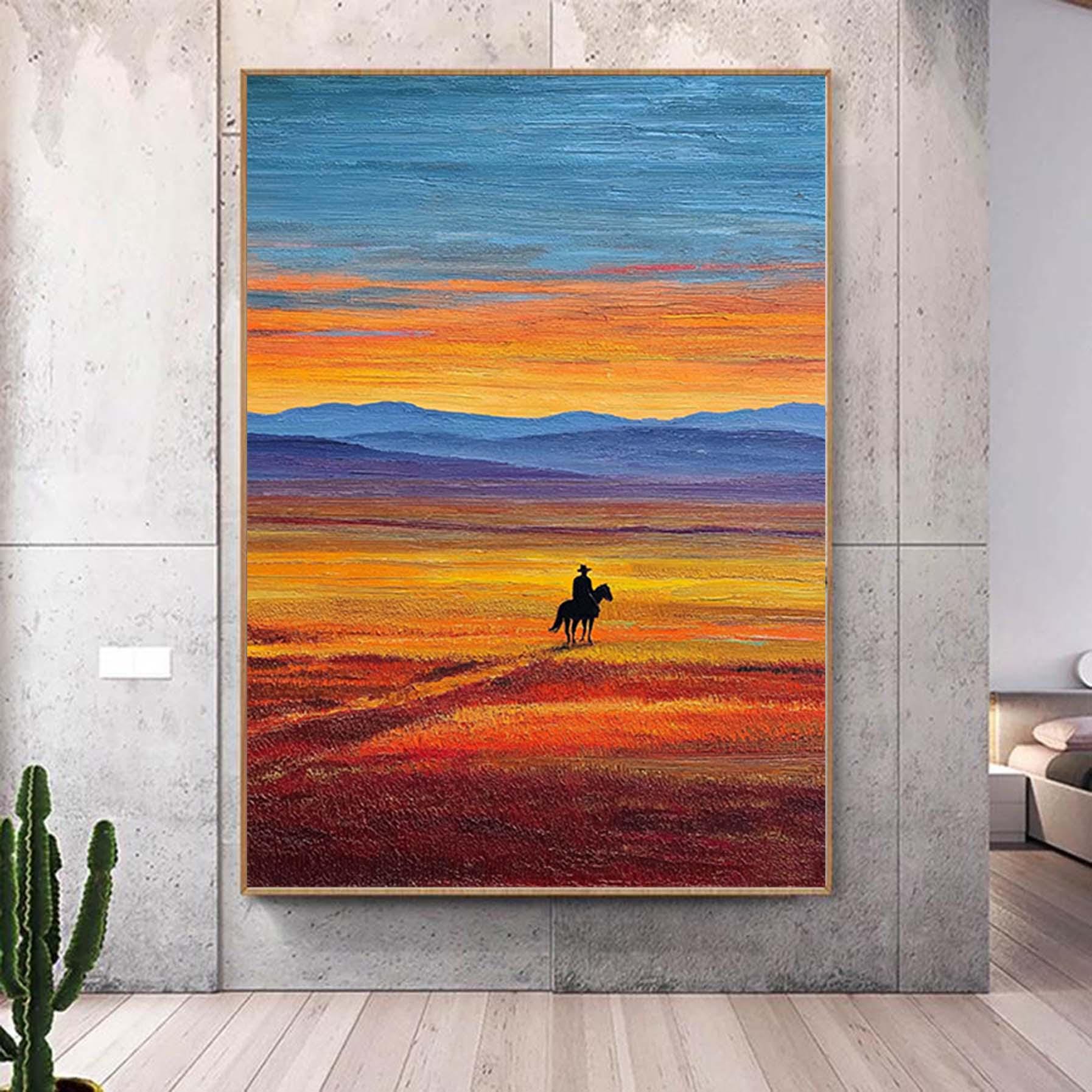 Minimalist Landscape Textured Painting Abstract Man Rides Horse Wall Art Oversized Abstract Canvas Art Modern Living Room Artwork