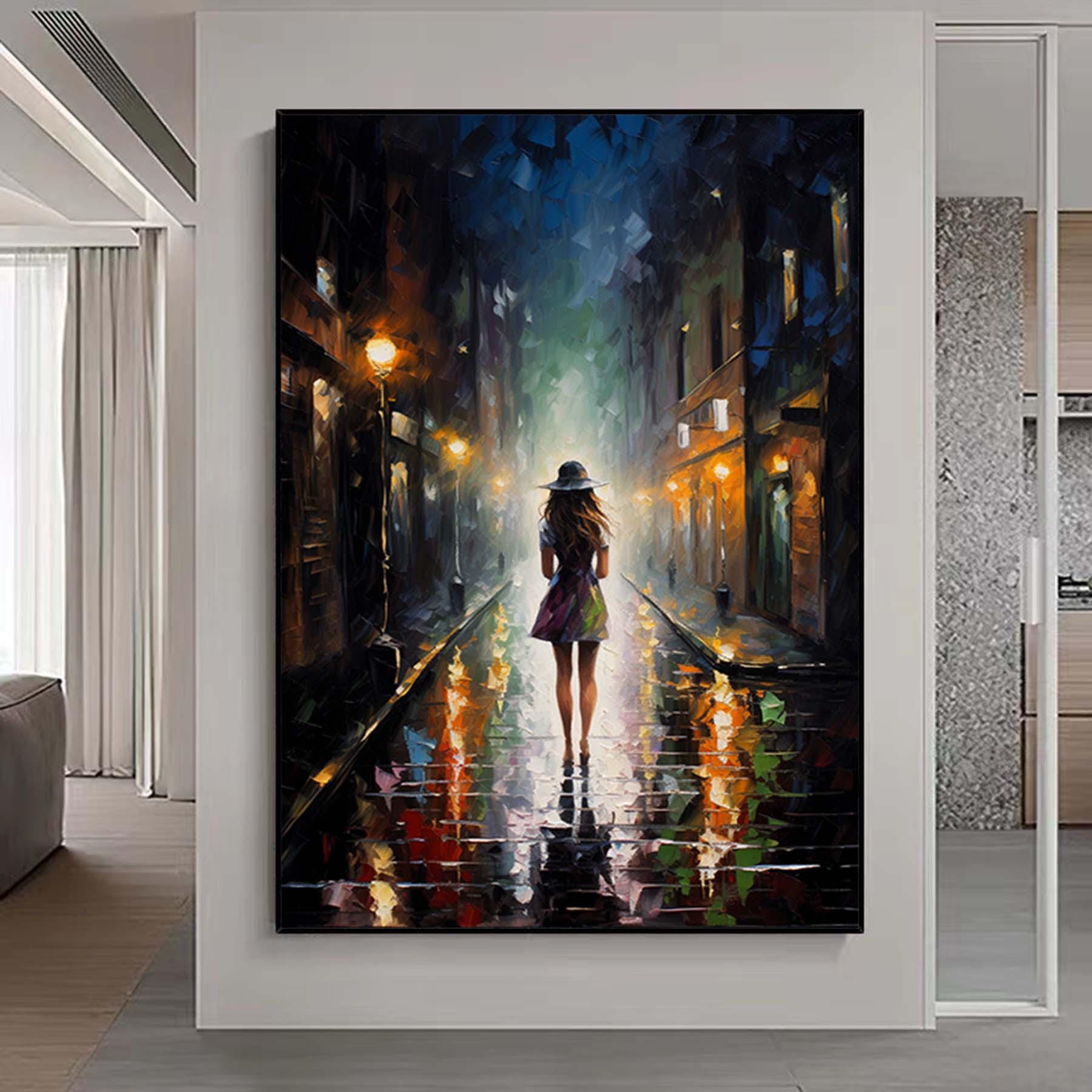 Abstract Girl Walks at Night Street Painting,Impressionism Textured Wall Art,Oversized Figurative Canvas Art,Large Living Room Artwork