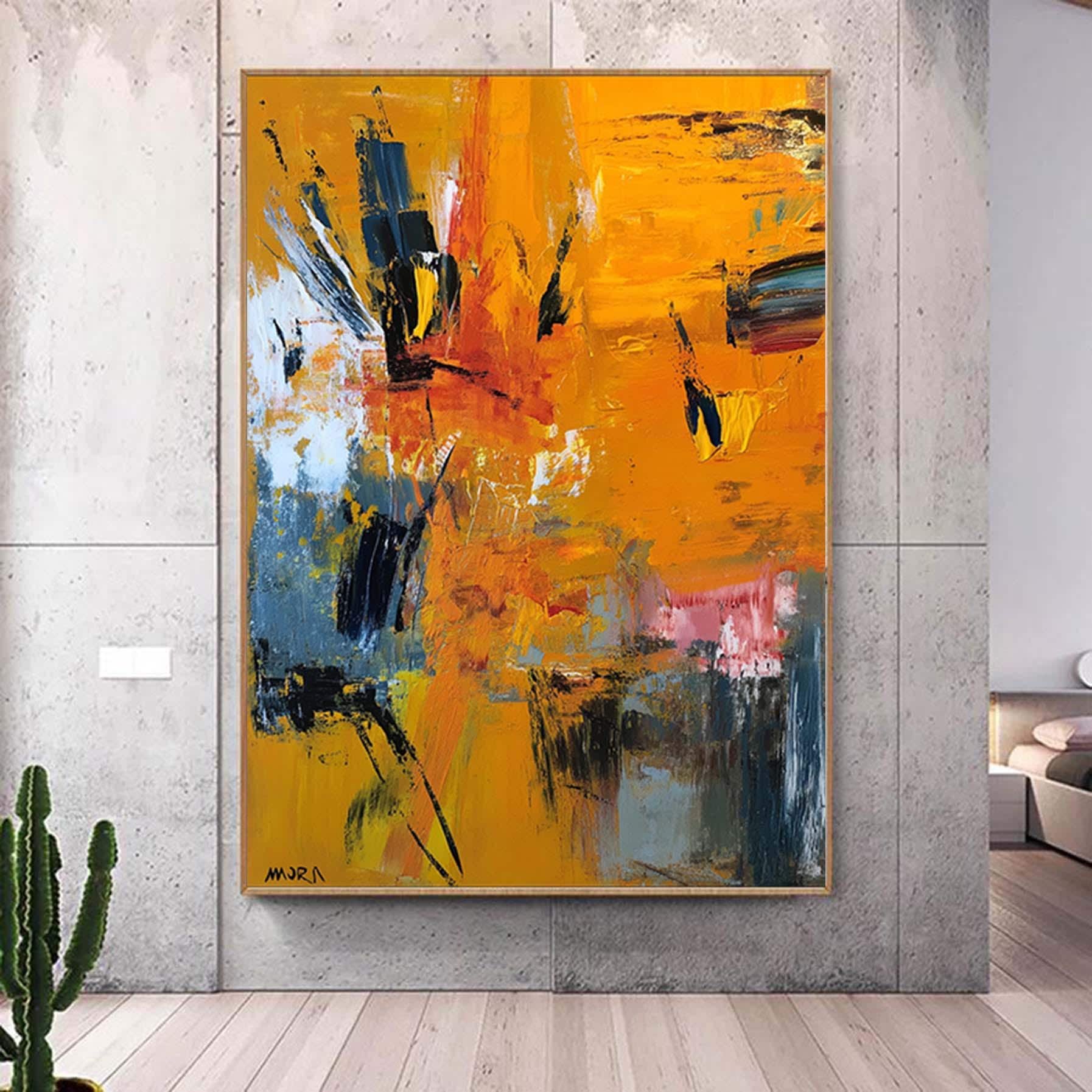 Large Yellow Palette Knife Painting, Textured Abstract, Modern Wall Art