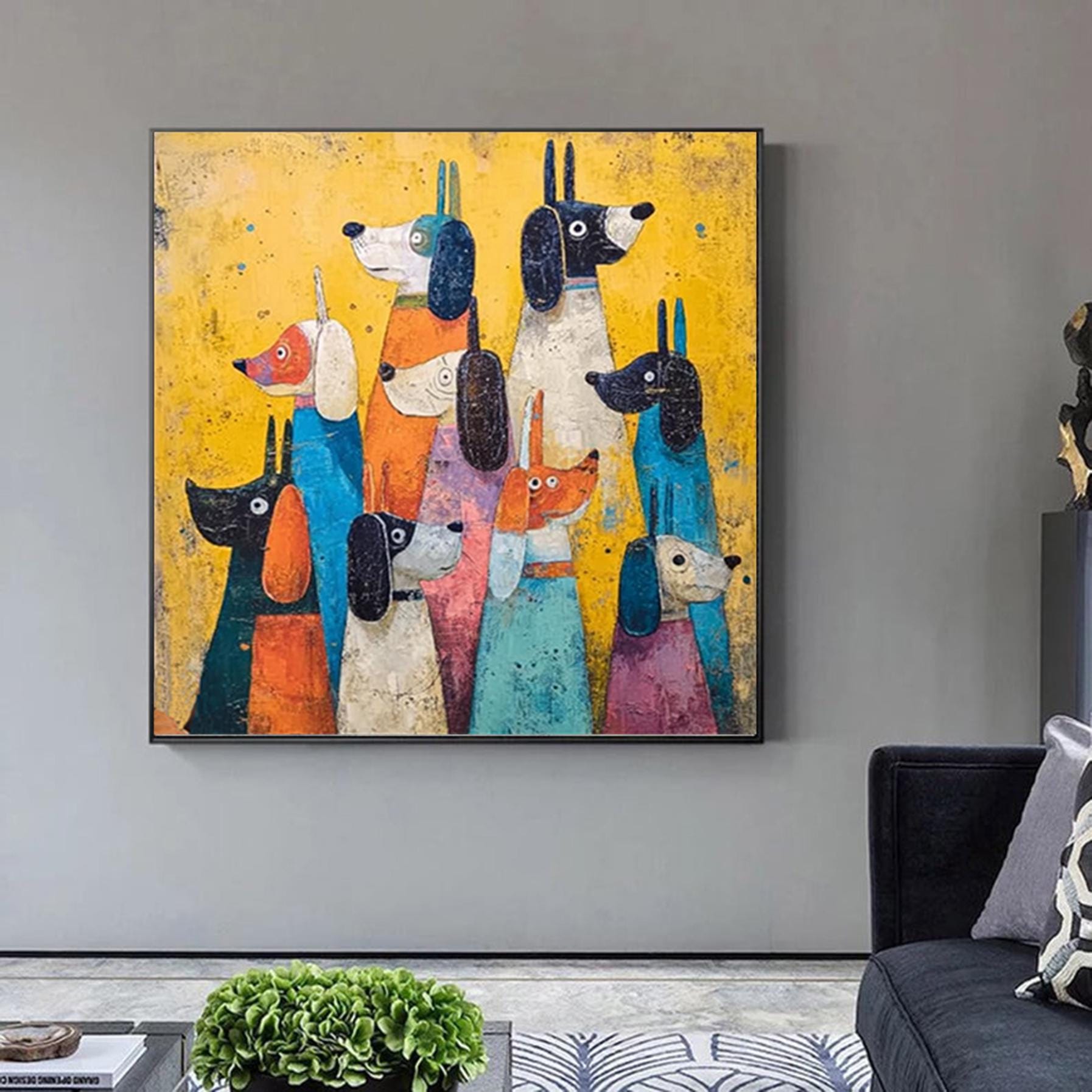 Hand-Painted Abstract Animal Oil Painting, Cute Abstract Dog, Modern Minimalist Wall Art for Living Room, Entryway, Dining Room