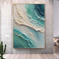 Extra Large Wabi-Sabi Seawaves Painting,Large White Green 3D Textured Painting,Oversized Textured Minimalist Abstract Wall Art for Home