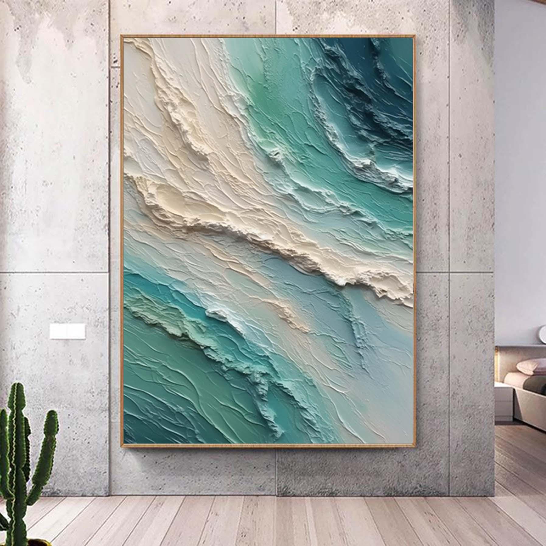 Extra Large Wabi-Sabi Seawaves Painting,Large White Green 3D Textured Painting,Oversized Textured Minimalist Abstract Wall Art for Home