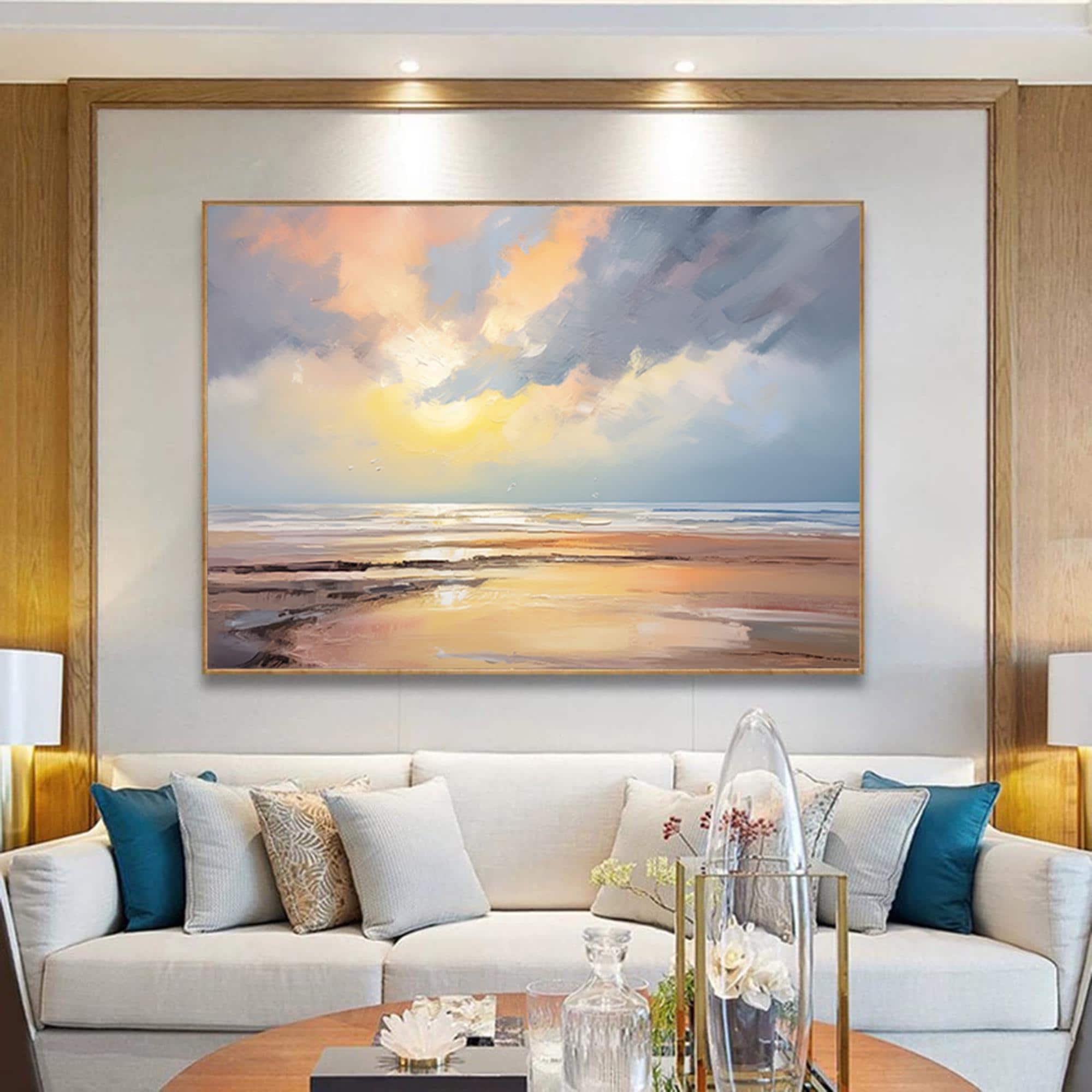 Extra Large Wabi-Sabi Seawaves Painting,Large Beige Sunset on Ocean Textured Painting,Oversized Minimalist Abstract Wall Art for Home