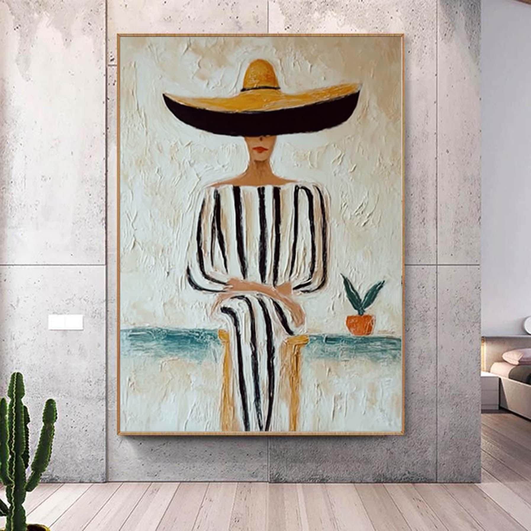 Minimalist Figurative Portrait Custom Hand-Painted Modern Abstract Art Striped Outfit & Mexican Hat Unique  Perfect for Home Decor or Gift