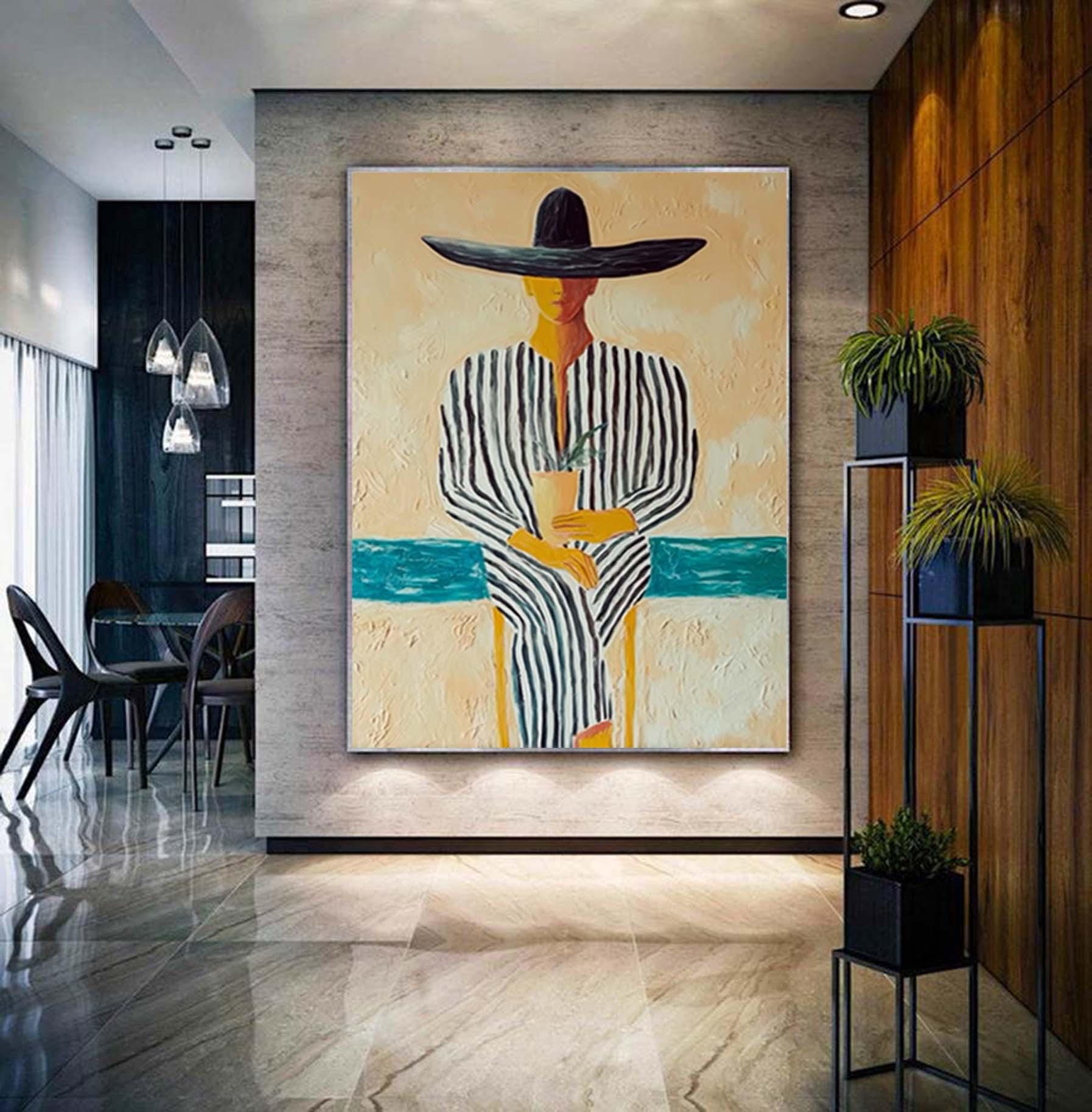 Minimalist Figurative Portrait Custom Hand-Painted Modern Abstract Art Striped Outfit & Mexican Hat Unique  Perfect for Home Decor or Gift