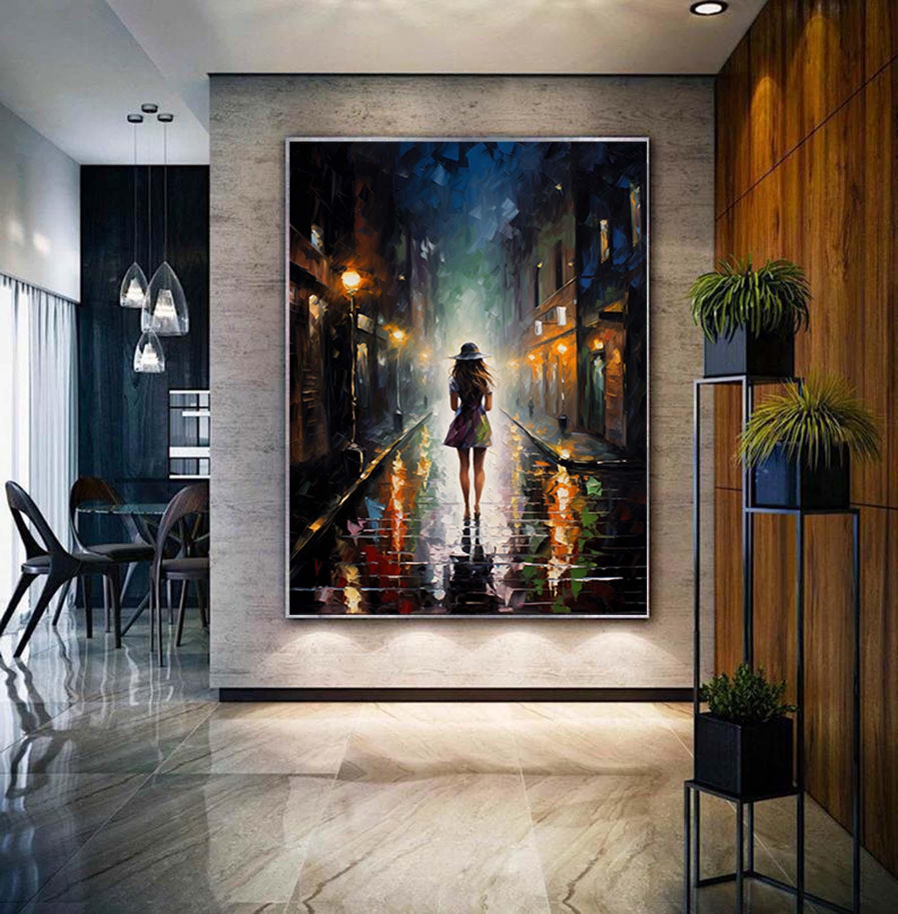 Abstract Girl Walks at Night Street Painting,Impressionism Textured Wall Art,Oversized Figurative Canvas Art,Large Living Room Artwork
