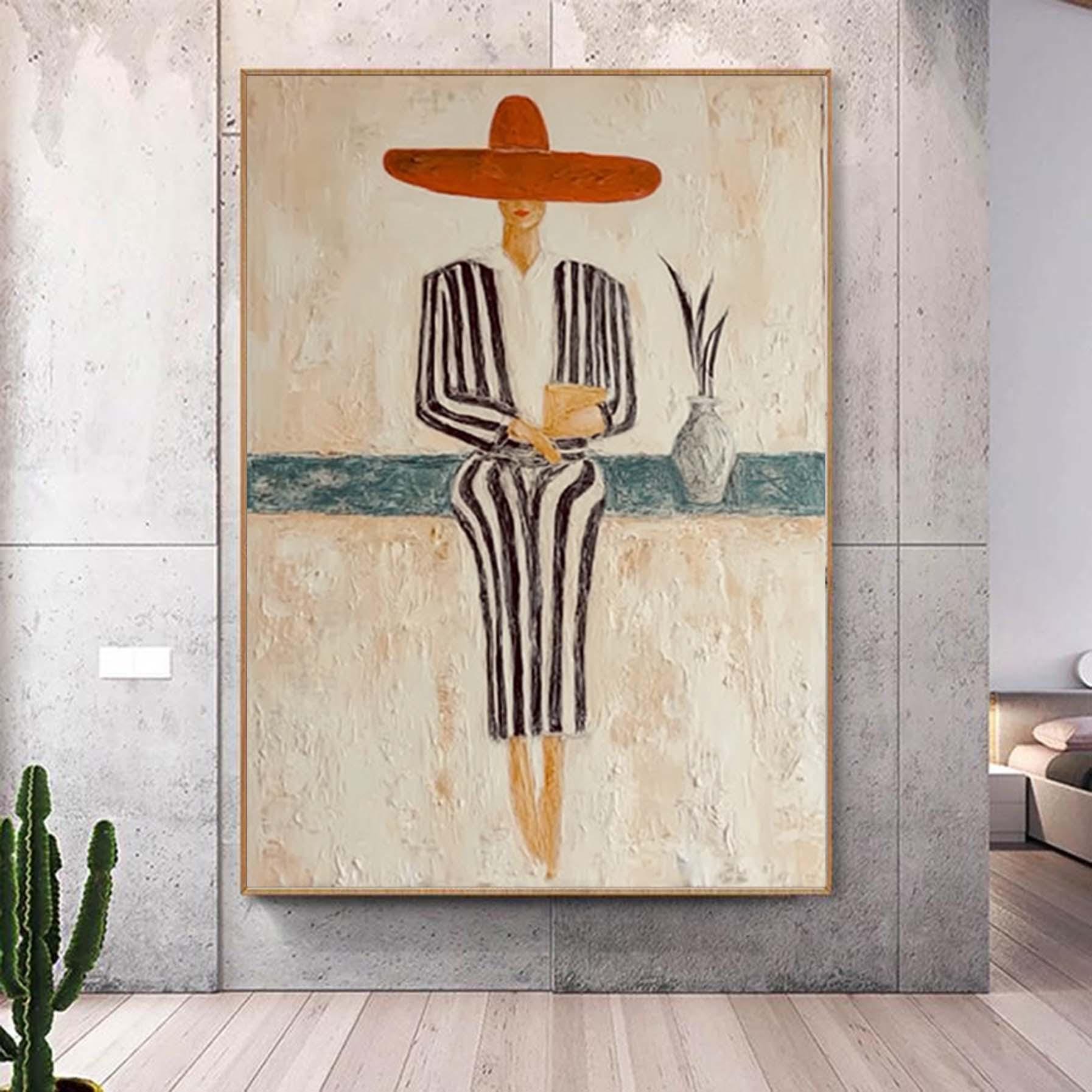 Minimalist Figurative Portrait Custom Hand-Painted Modern Abstract Art Striped Outfit & Mexican Hat Unique  Perfect for Home Decor or Gift