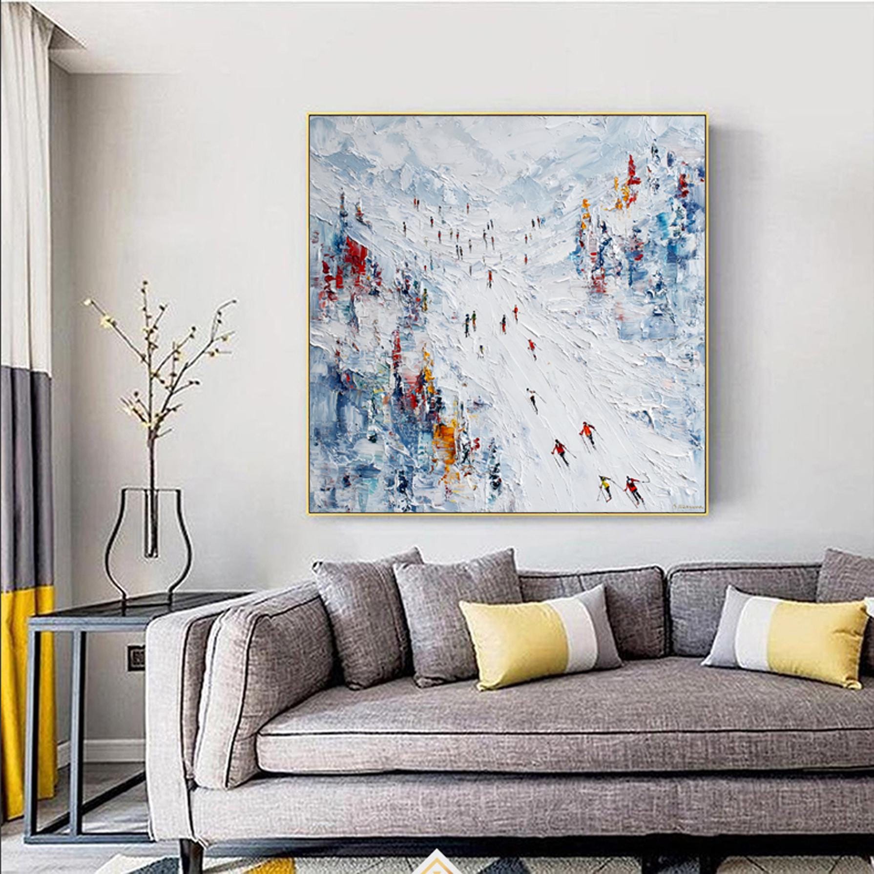 White Ski Canvas Oil Painting, Ski Resort Texture Art, Snow Mountain Hand Painting, Ski Sport Art, Living Room Decor Art Newlywed Decor
