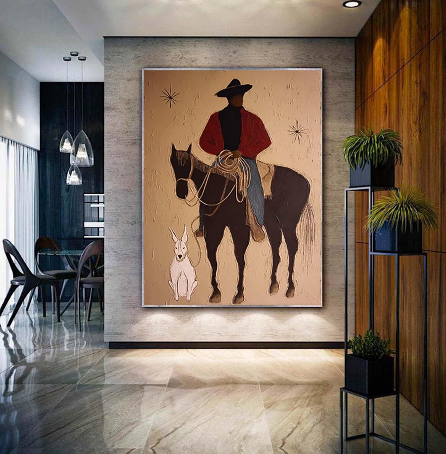original western cowboy and horse oil painting Japandi western conwboy wall art horse wall art large brown textured wall art man painting