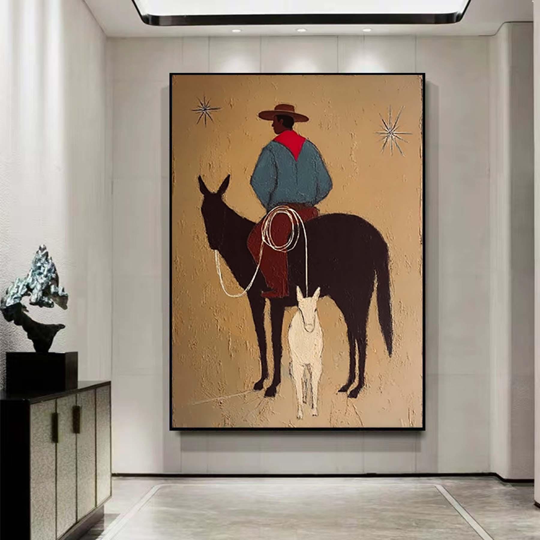 original western cowboy and horse oil painting Japandi western conwboy wall art horse wall art large brown textured wall art man painting
