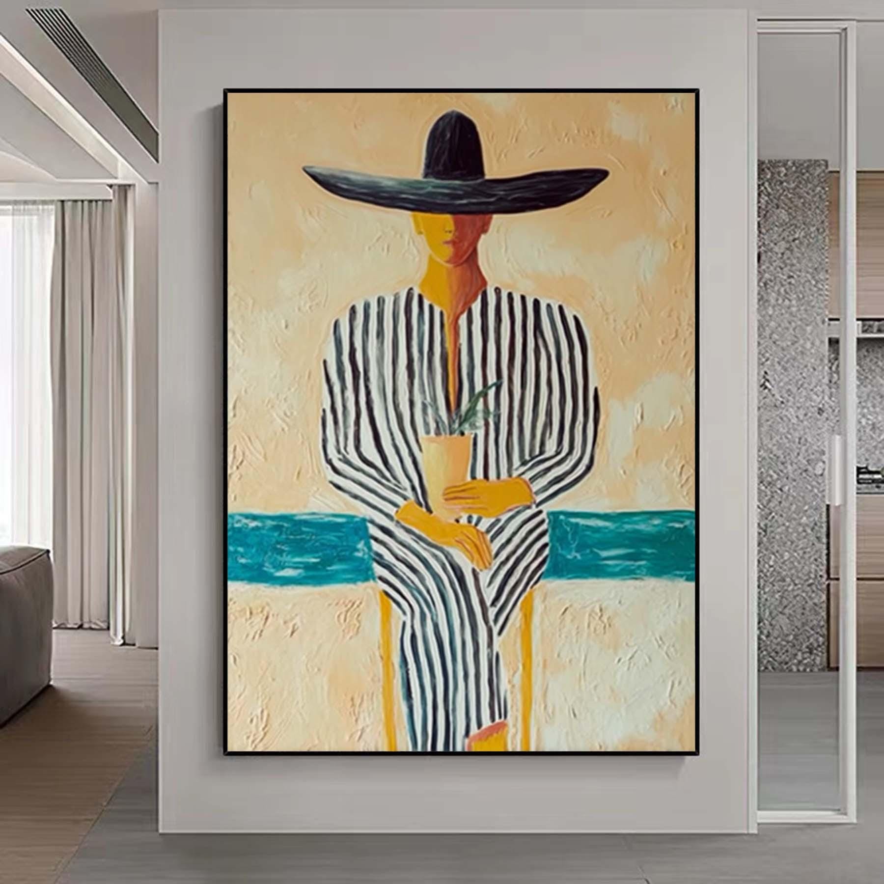 Minimalist Figurative Portrait Custom Hand-Painted Modern Abstract Art Striped Outfit & Mexican Hat Unique  Perfect for Home Decor or Gift