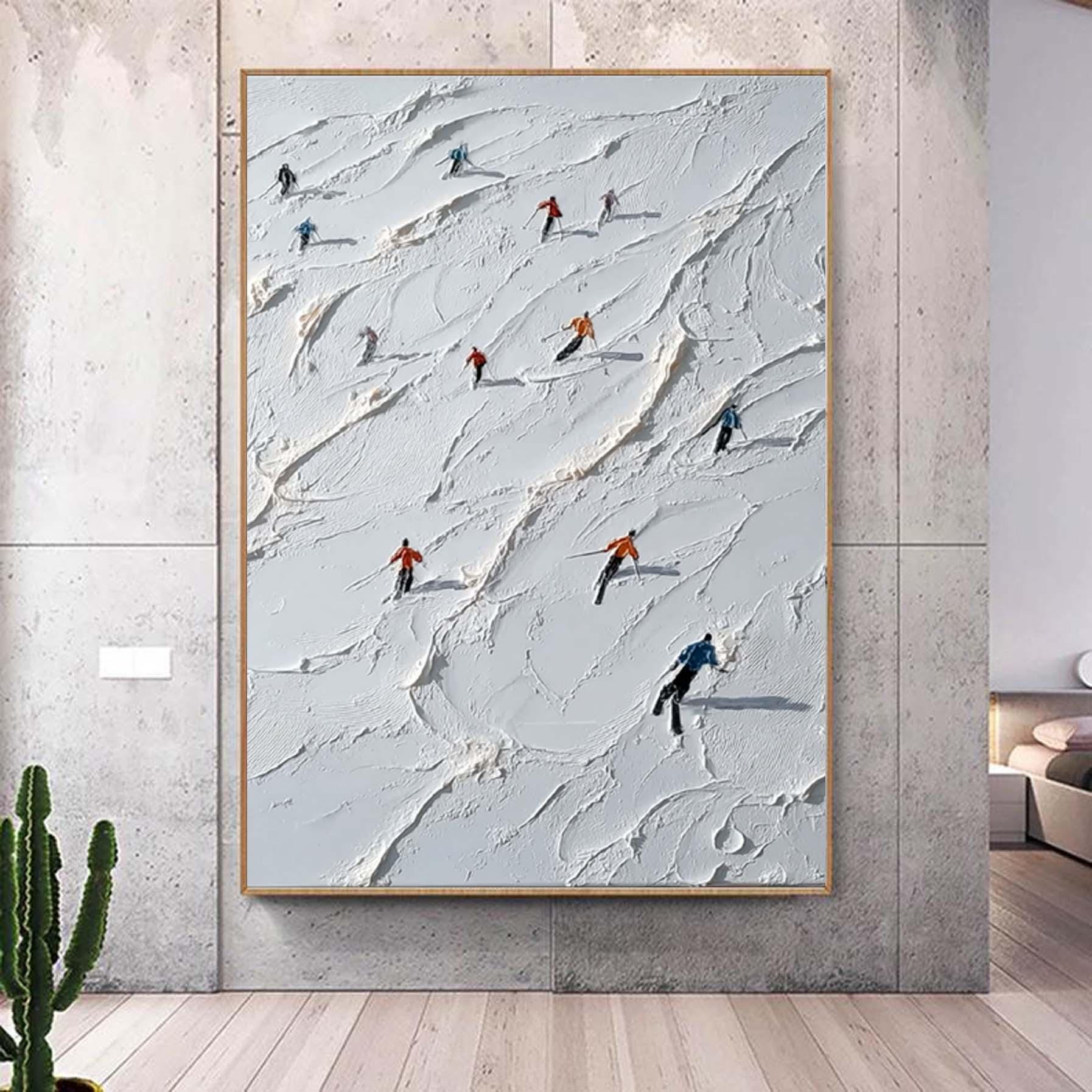 White Ski Canvas Oil Painting, Ski Resort Texture Art, Snow Mountain Hand Painting, Ski Sport Art, Living Room Decor Art Newlywed Decor