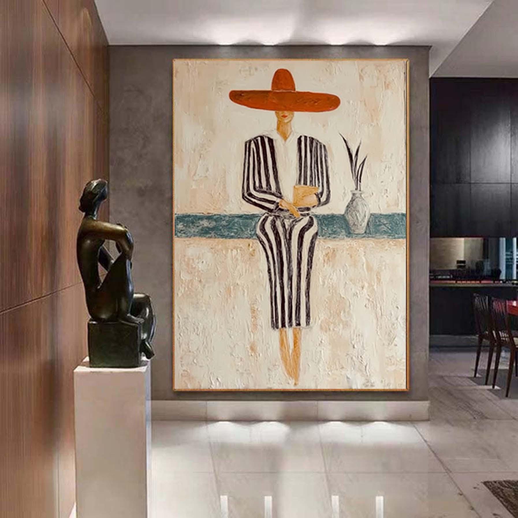 Minimalist Figurative Portrait Custom Hand-Painted Modern Abstract Art Striped Outfit & Mexican Hat Unique  Perfect for Home Decor or Gift