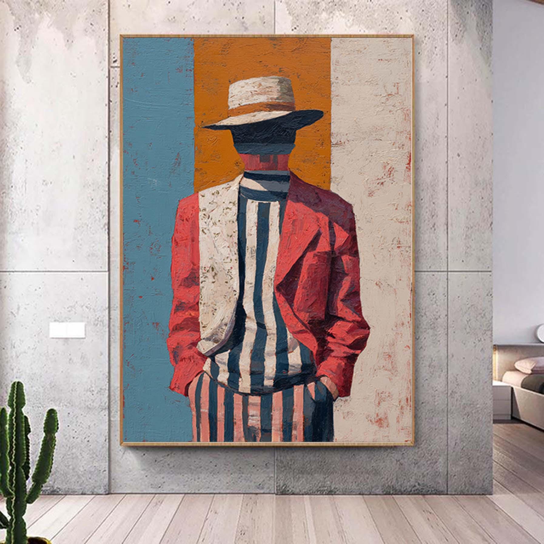 Minimalist Figurative Portrait Custom Hand-Painted Modern Abstract Art Striped Outfit & Cool Man Hat Unique  Perfect for Home Decor or Gift