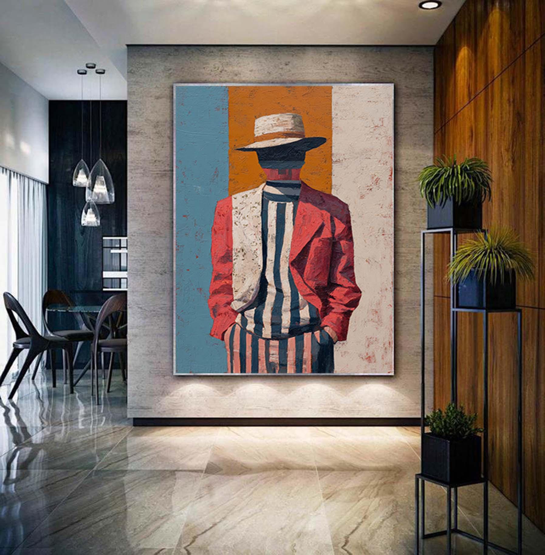 Minimalist Figurative Portrait Custom Hand-Painted Modern Abstract Art Striped Outfit & Cool Man Hat Unique  Perfect for Home Decor or Gift