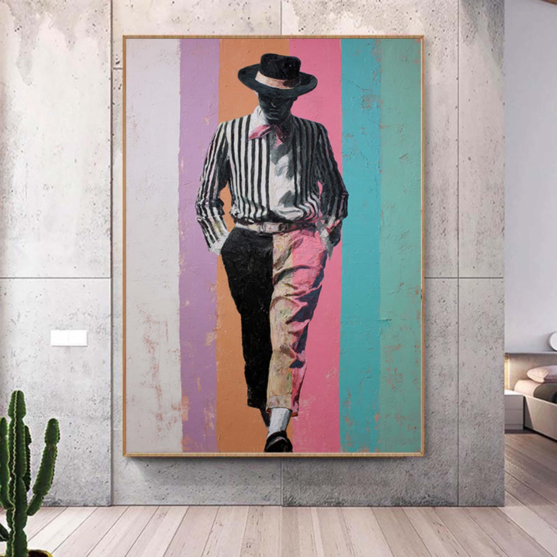 Minimalist Figurative Portrait Custom Striped Outfit & Cool Man Hat Unique  Perfect for Home Decor or Gift Hand-Painted Modern Abstract Art