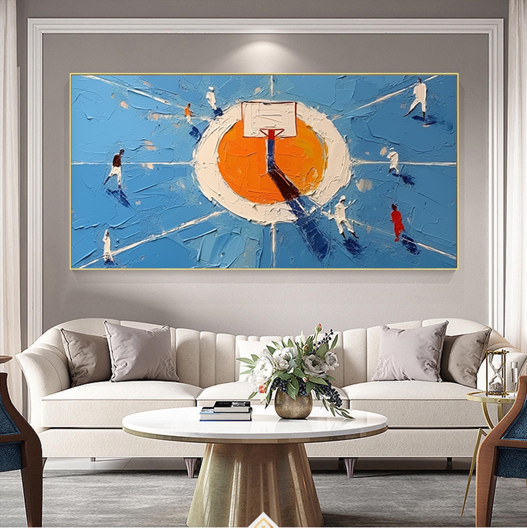Abstract Basketball Court Canvas Art,Hand-painted Basketball Game Oil Painting, Basketball Sports Wall Decor, Gifts for Basketball Lovers