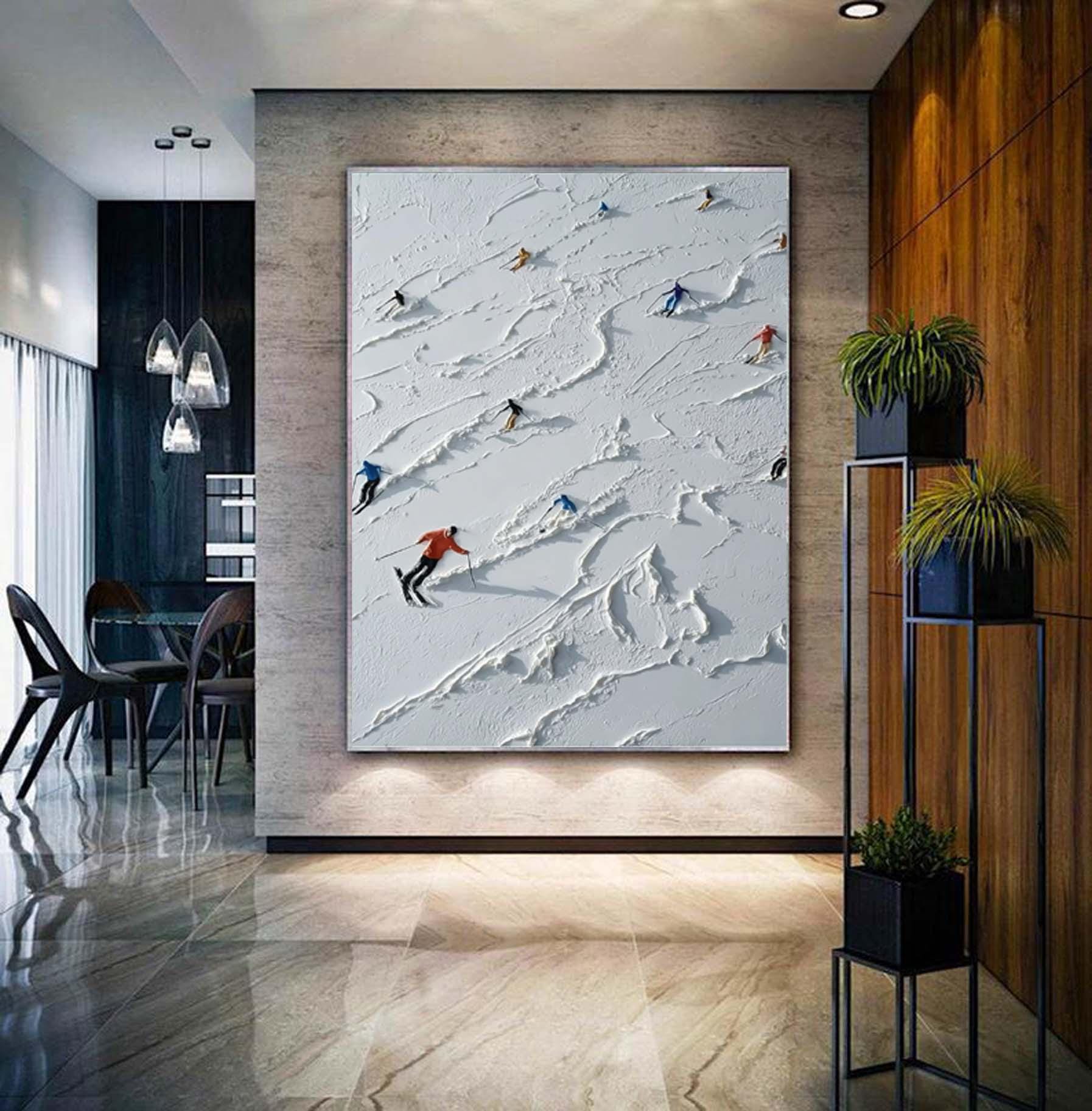 White Ski Canvas Oil Painting, Ski Resort Texture Art, Snow Mountain Hand Painting, Ski Sport Art, Living Room Decor Art Newlywed Decor