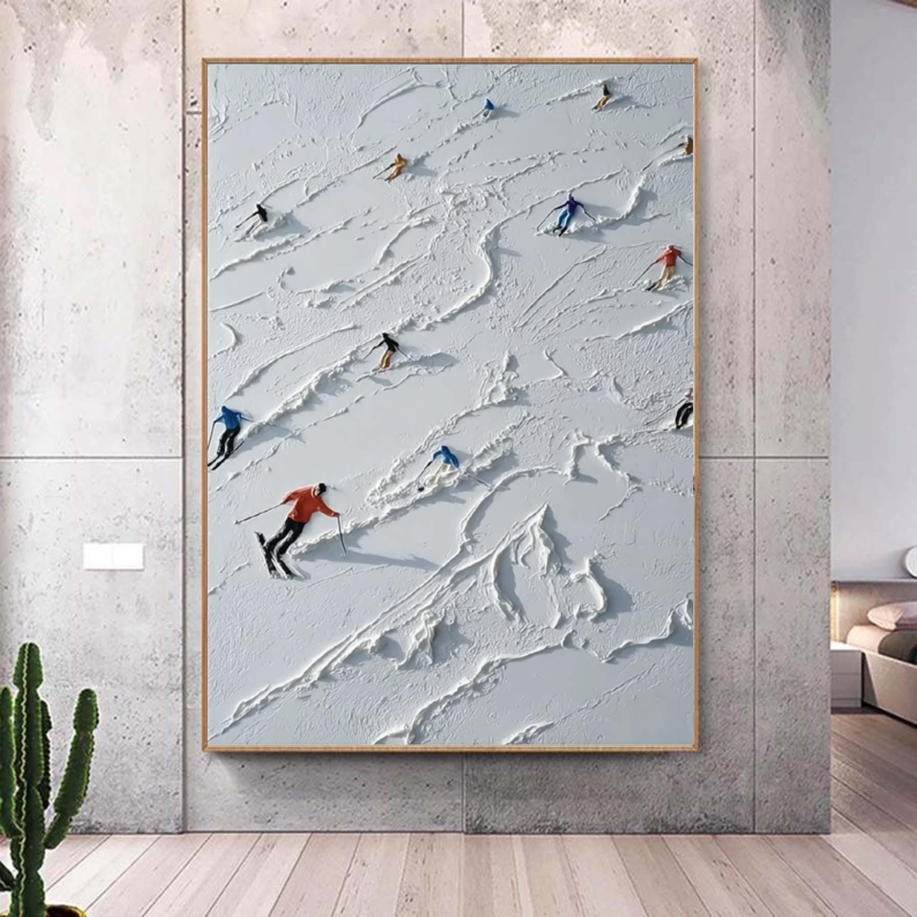 White Ski Canvas Oil Painting, Ski Resort Texture Art, Snow Mountain Hand Painting, Ski Sport Art, Living Room Decor Art Newlywed Decor