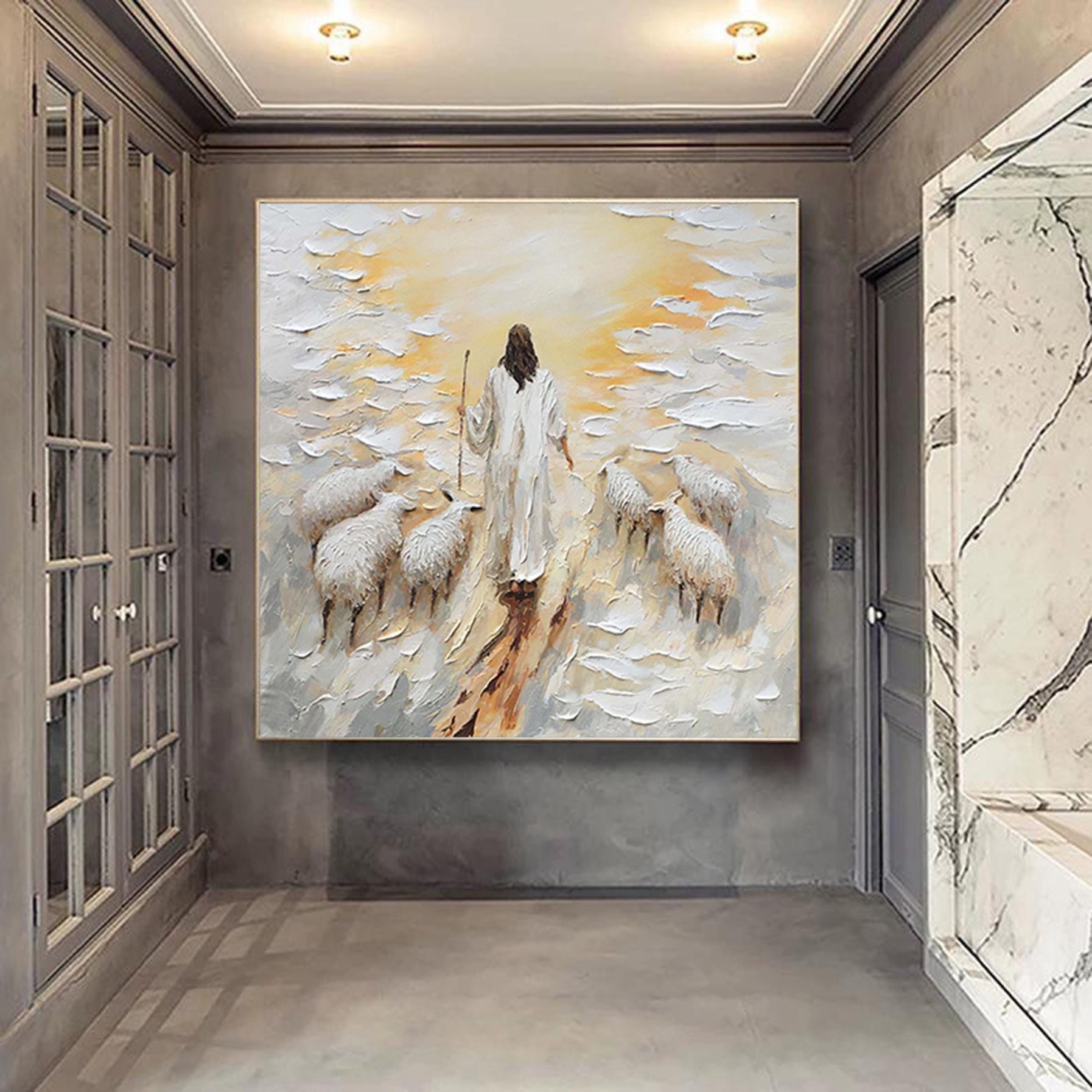 The Good Shepherd Jesus Christ Painting,Modern christian art, Abstract religious wall art,Extra Large 3D Textured Paintings,Textured art