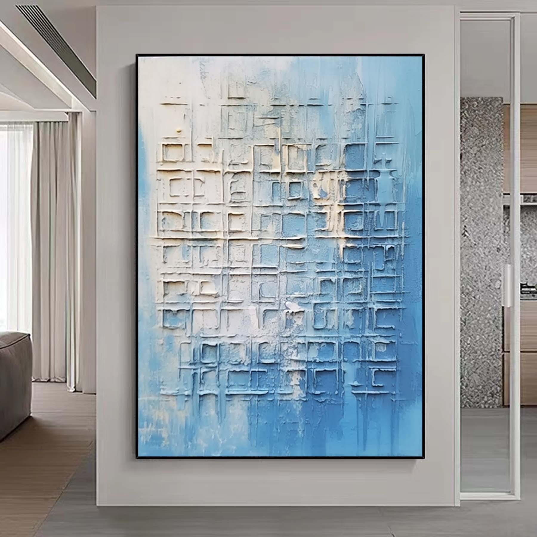 Original Hand Painted Blue Textured Painting,Wabi Sabi Abstract Wall Art, 3DCanvas for Japandi Neutral Minimalist Decor,Living Room Wall Art