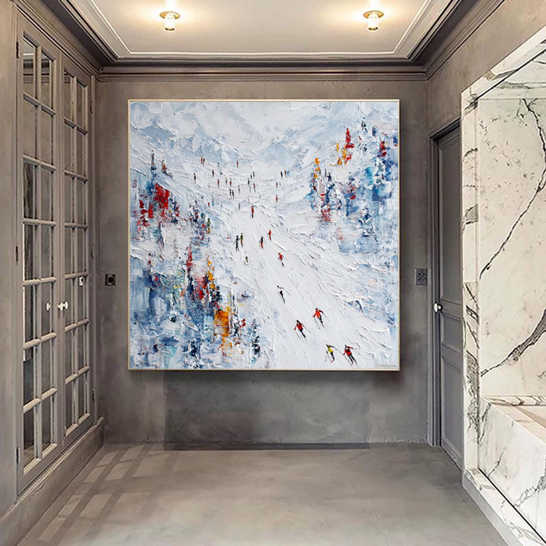 White Ski Canvas Oil Painting, Ski Resort Texture Art, Snow Mountain Hand Painting, Ski Sport Art, Living Room Decor Art Newlywed Decor