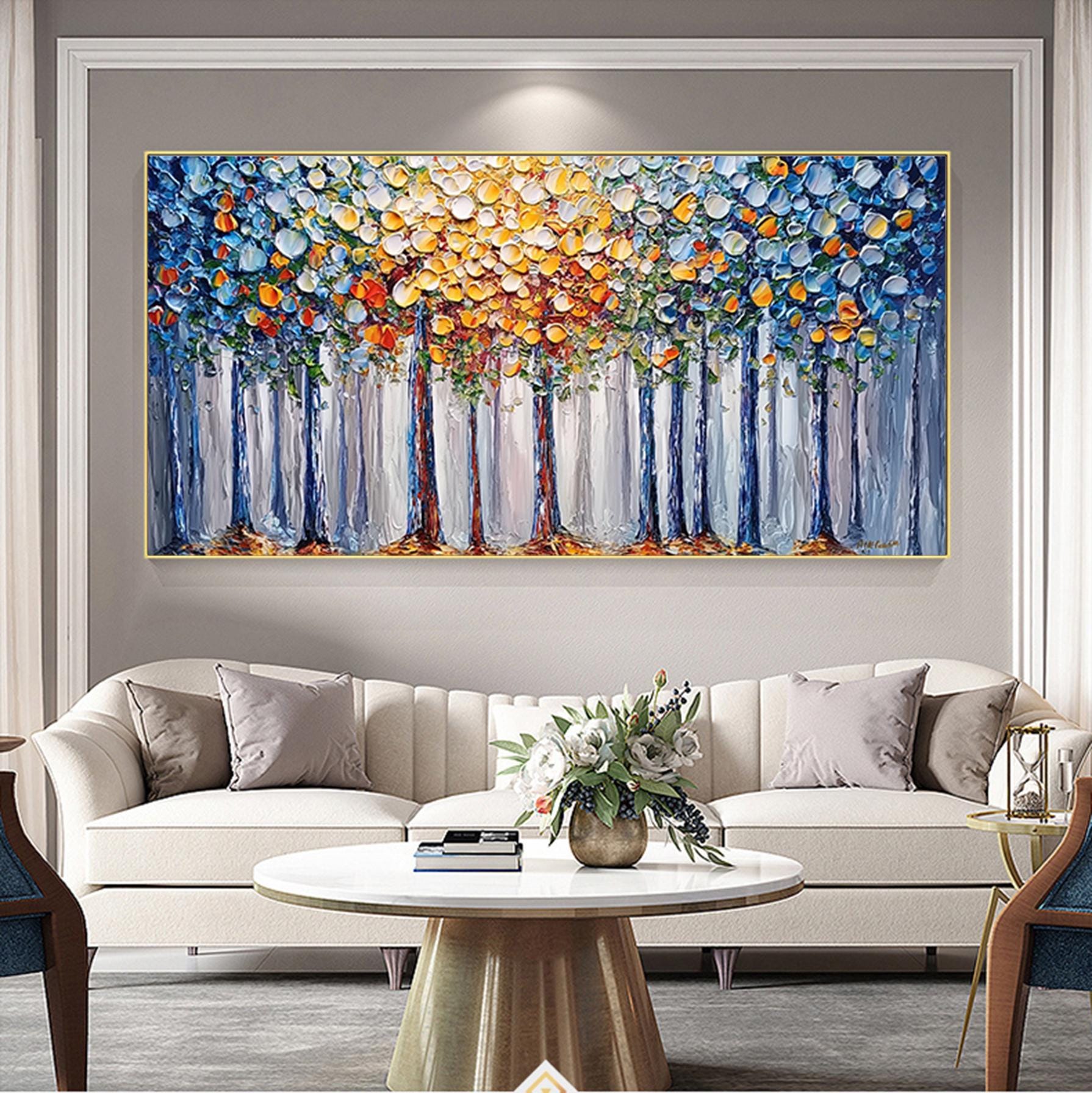 Palette Knife Trees Abstract Painting,Extra Large Landscape Wall Art,Large Textured Paintings,Modern Acrylic Painting,Living Room Canvas Art