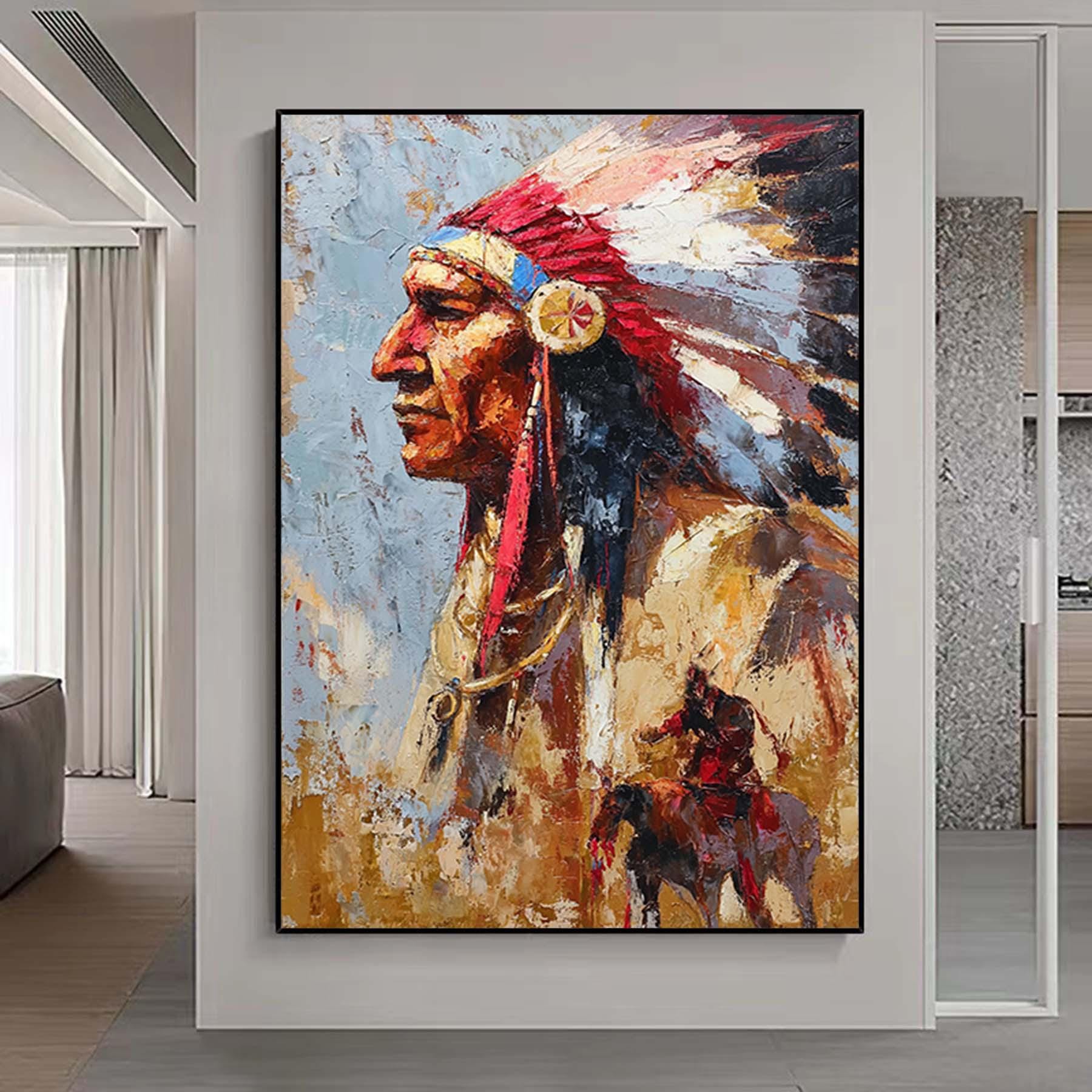 Impressionism Native American Warrior Wall Art,Abstract Figurative Painting,Textured Painting, Oversized Wall Art,Living Room Wall Decor Art