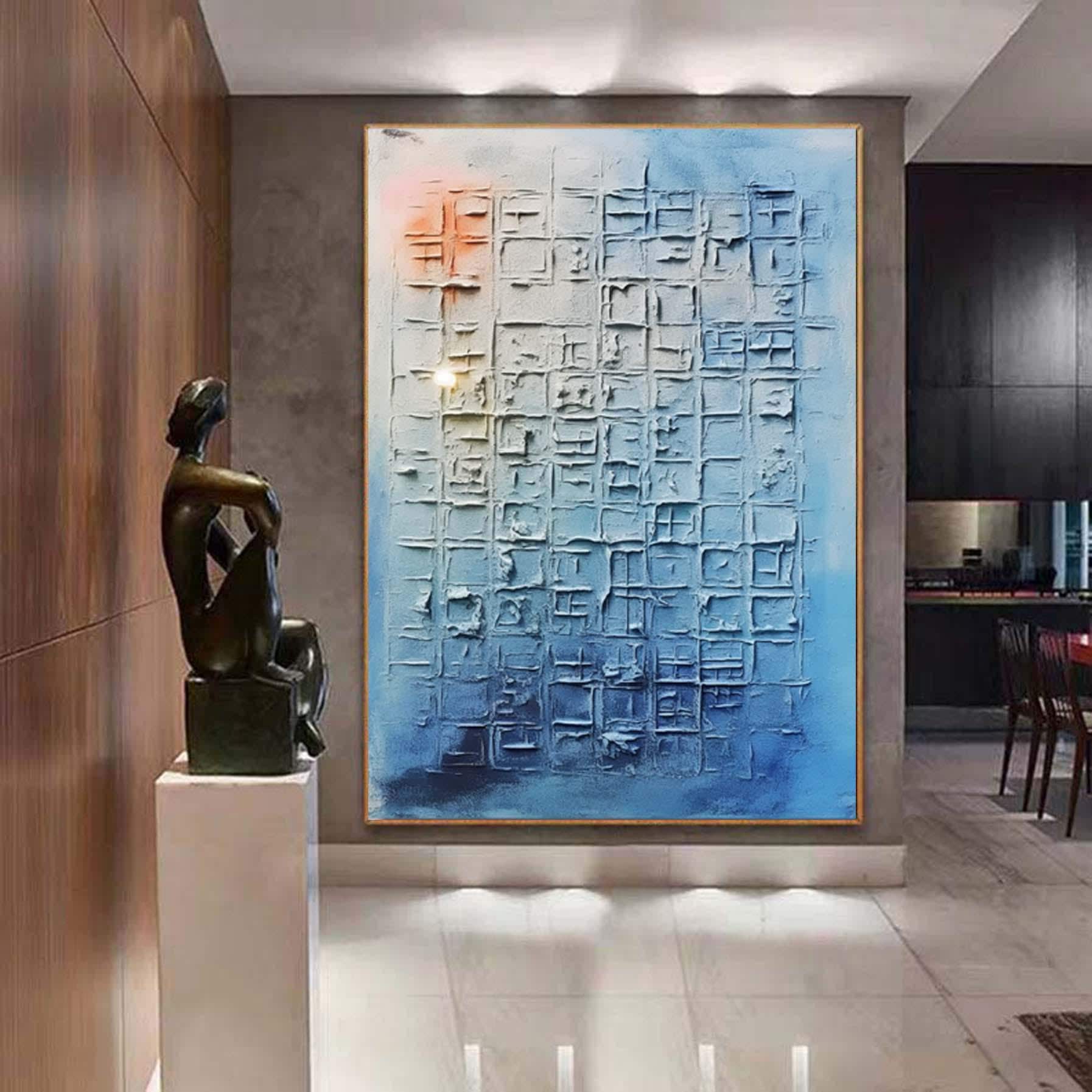 Original Hand Painted Blue Textured Painting,Wabi Sabi Abstract Wall Art, 3DCanvas for Japandi Neutral Minimalist Decor,Living Room Wall Art