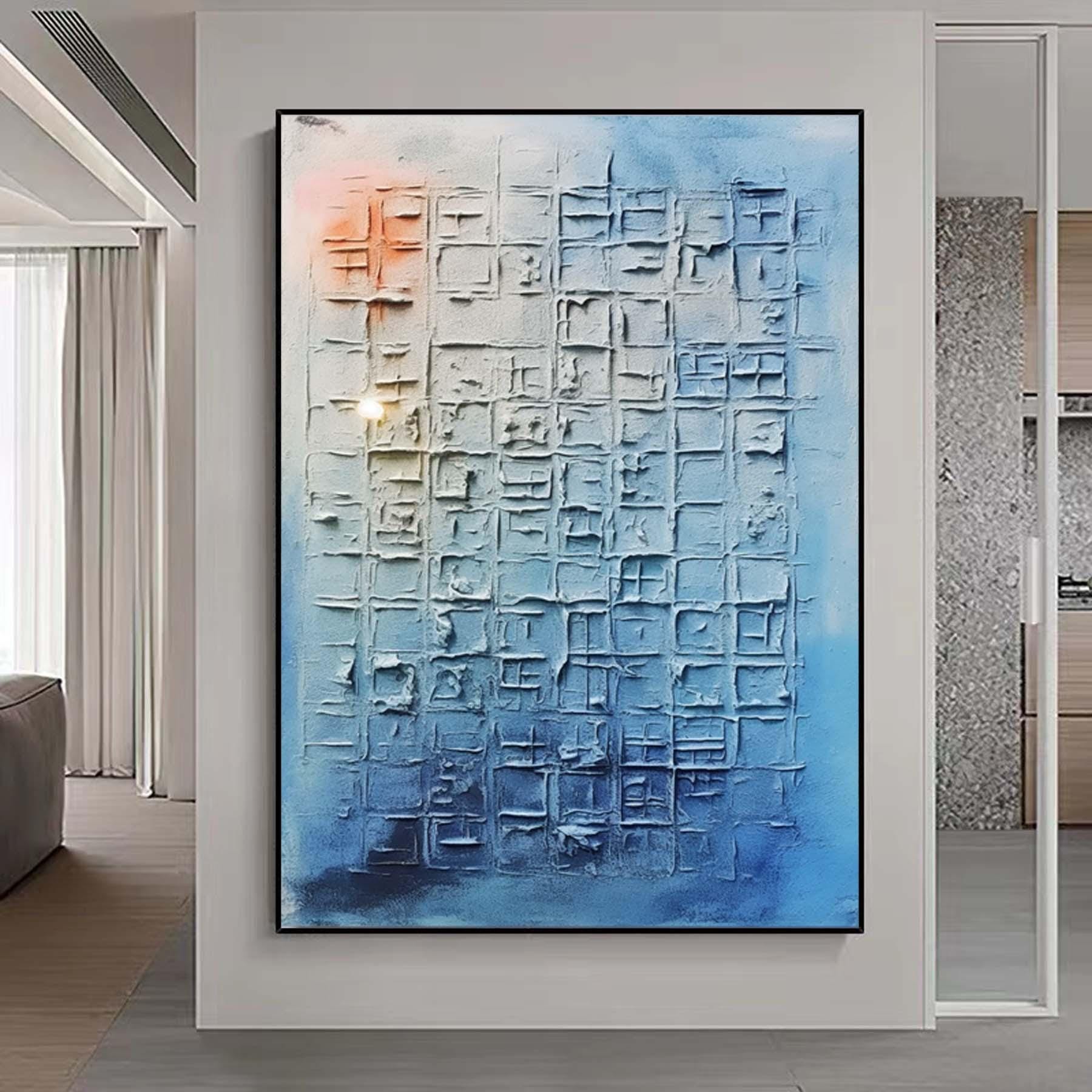 Original Hand Painted Blue Textured Painting,Wabi Sabi Abstract Wall Art, 3DCanvas for Japandi Neutral Minimalist Decor,Living Room Wall Art