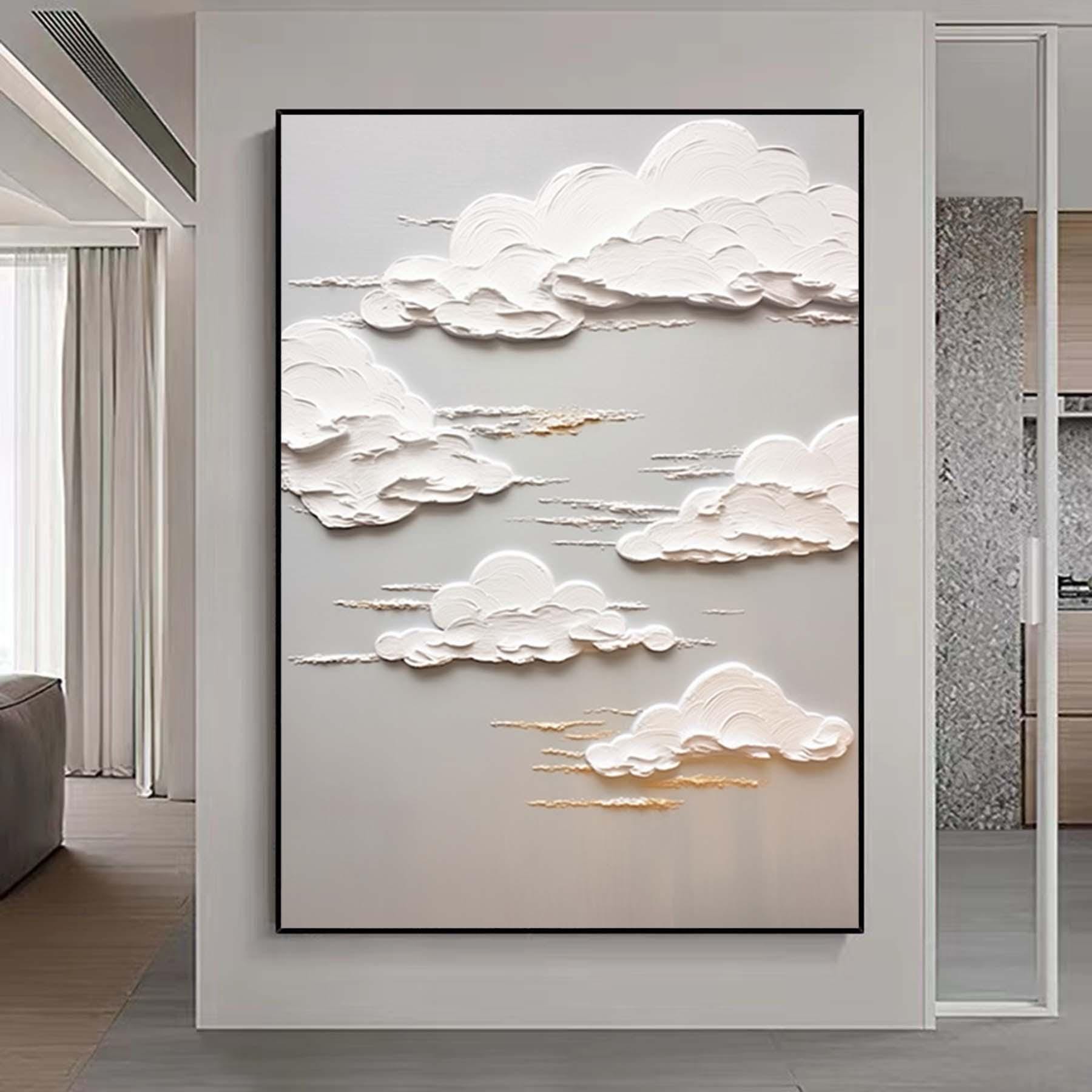 Original Hand Painted 3D Clouds Textured Painting,Wabi Sabi Abstract Wall Art, 3DCanvas for Neutral Minimalist Decor,Living Room Wall Art