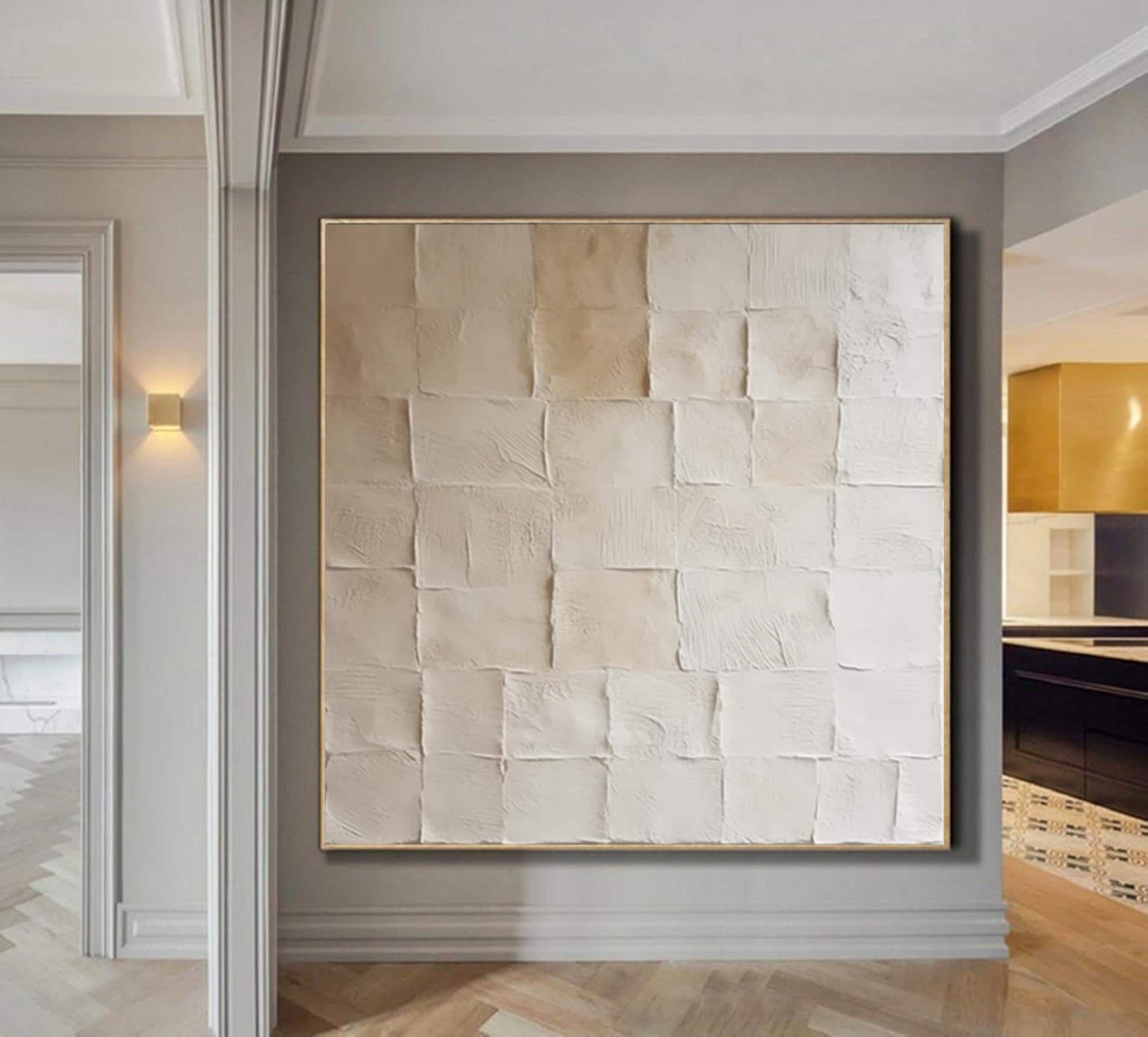 Large Abstract Beige Painting,Oversized Geometric Paintings,Minimalist Art,Square 3D Textured Painting, Modern painting for Living Room,