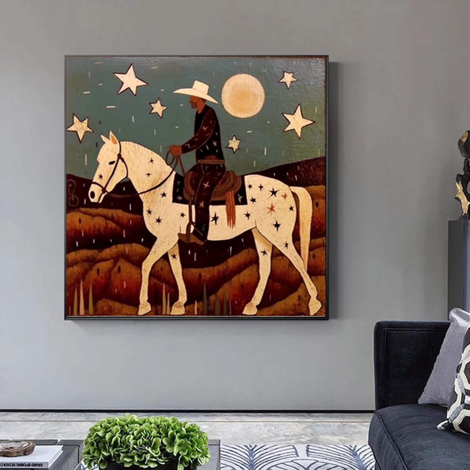 Large Textured Impasto Western Spirit Art Minimalist Cowboy with Starry Horse Painting Modern Farmhouse Wall Decor Olive Green Painting