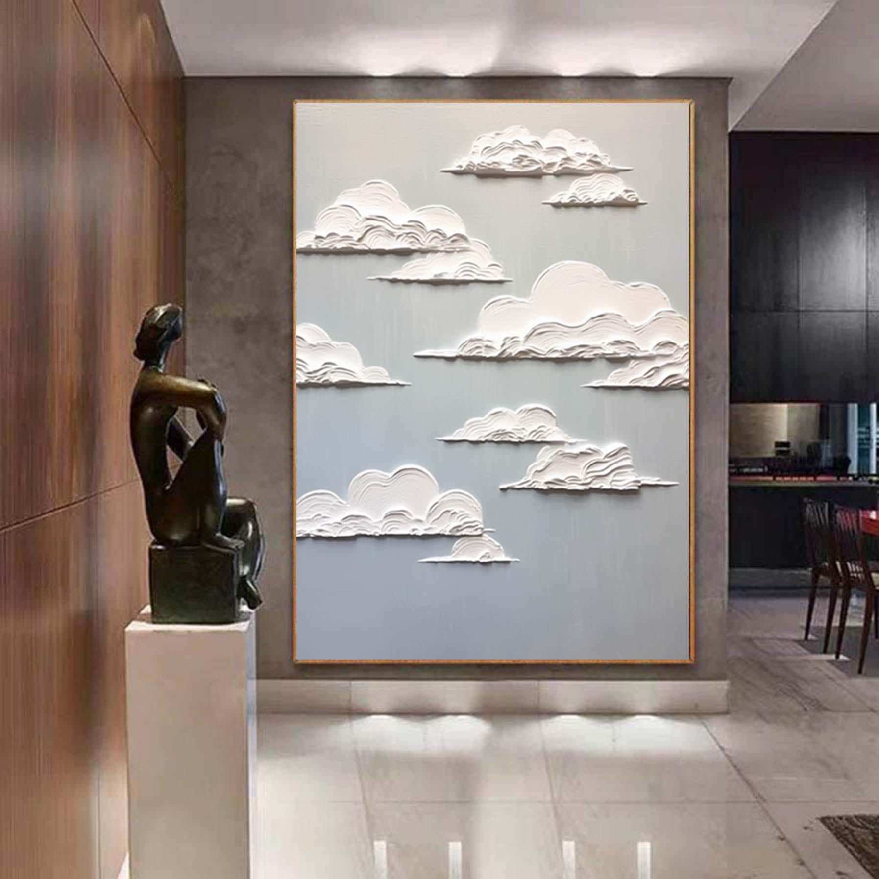 Original Hand Painted 3D Clouds Textured Painting,Wabi Sabi Abstract Wall Art, 3DCanvas for Neutral Minimalist Decor,Living Room Wall Art