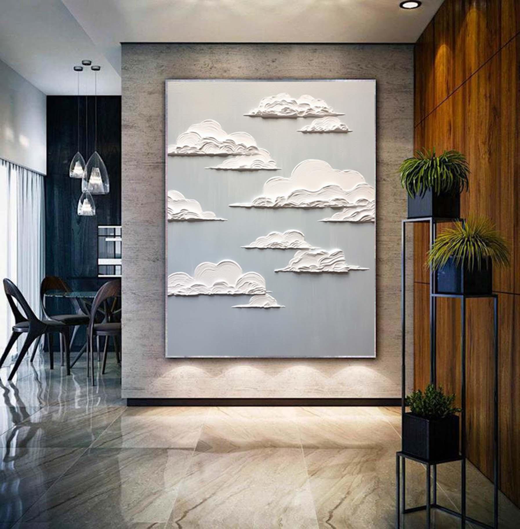 Original Hand Painted 3D Clouds Textured Painting,Wabi Sabi Abstract Wall Art, 3DCanvas for Neutral Minimalist Decor,Living Room Wall Art