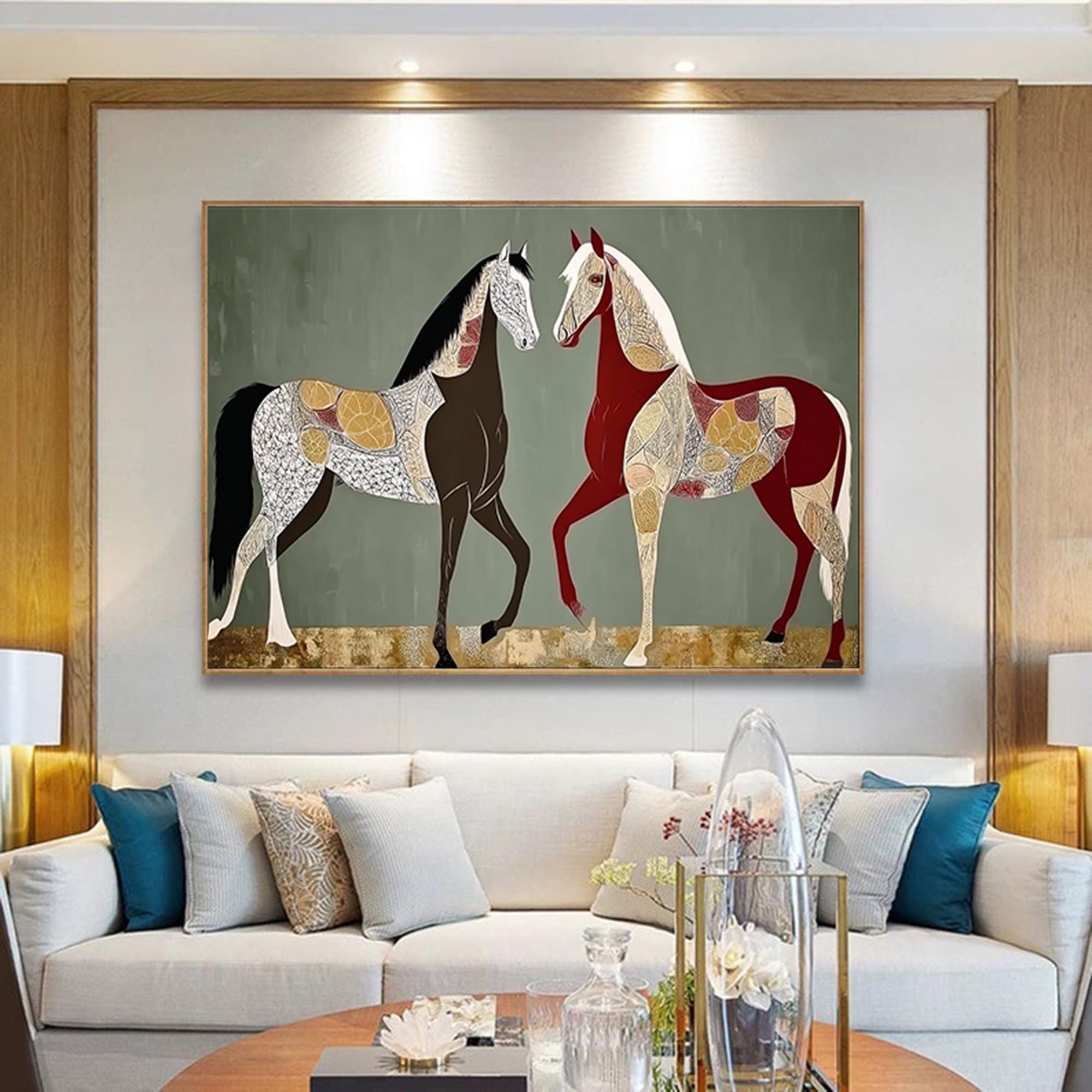 Abstract Patterned Horse Painting Two Horses Facing Each Other Wall Art Modern Farmhouse Decor Sage Green Canvas Unique Equestrian Home Gift