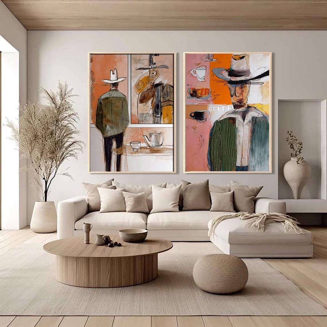 Mid Century Modern Abstract Cowboy Wall Art Set of 2 Large Canvas Painting Minimalist Western Decor