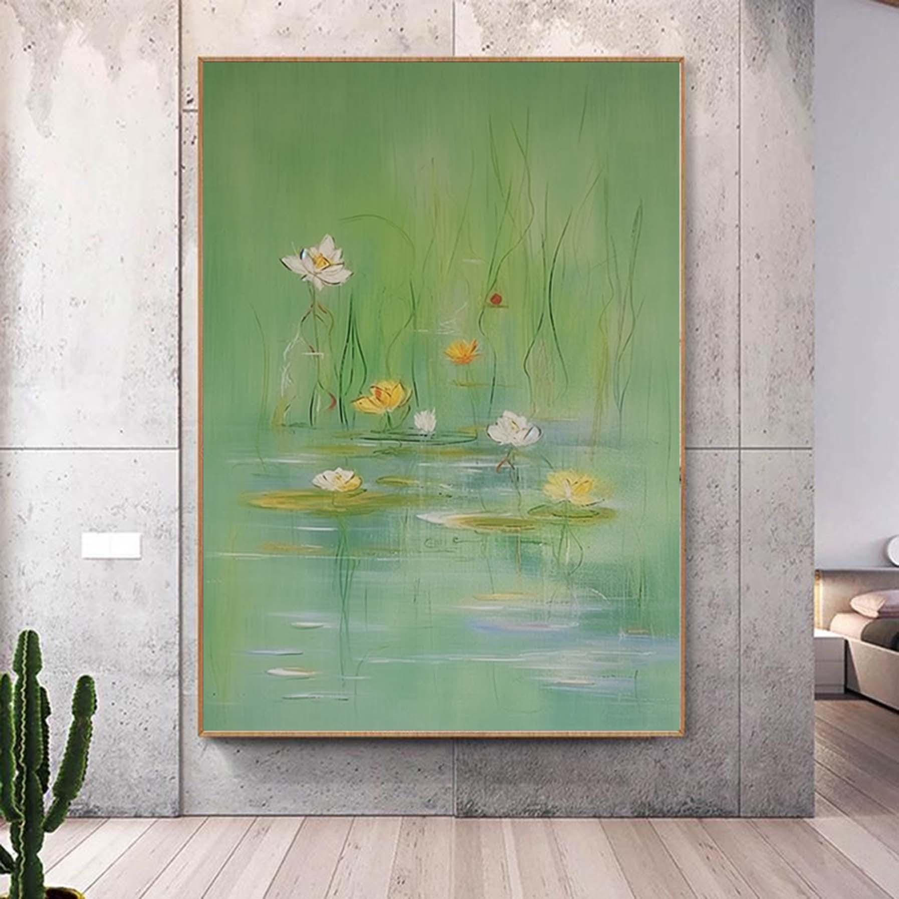 Extra Large Spring Season Painting,Large Floral in Pond Textured Painting,Oversized Minimalist Abstract Wall Art for Home