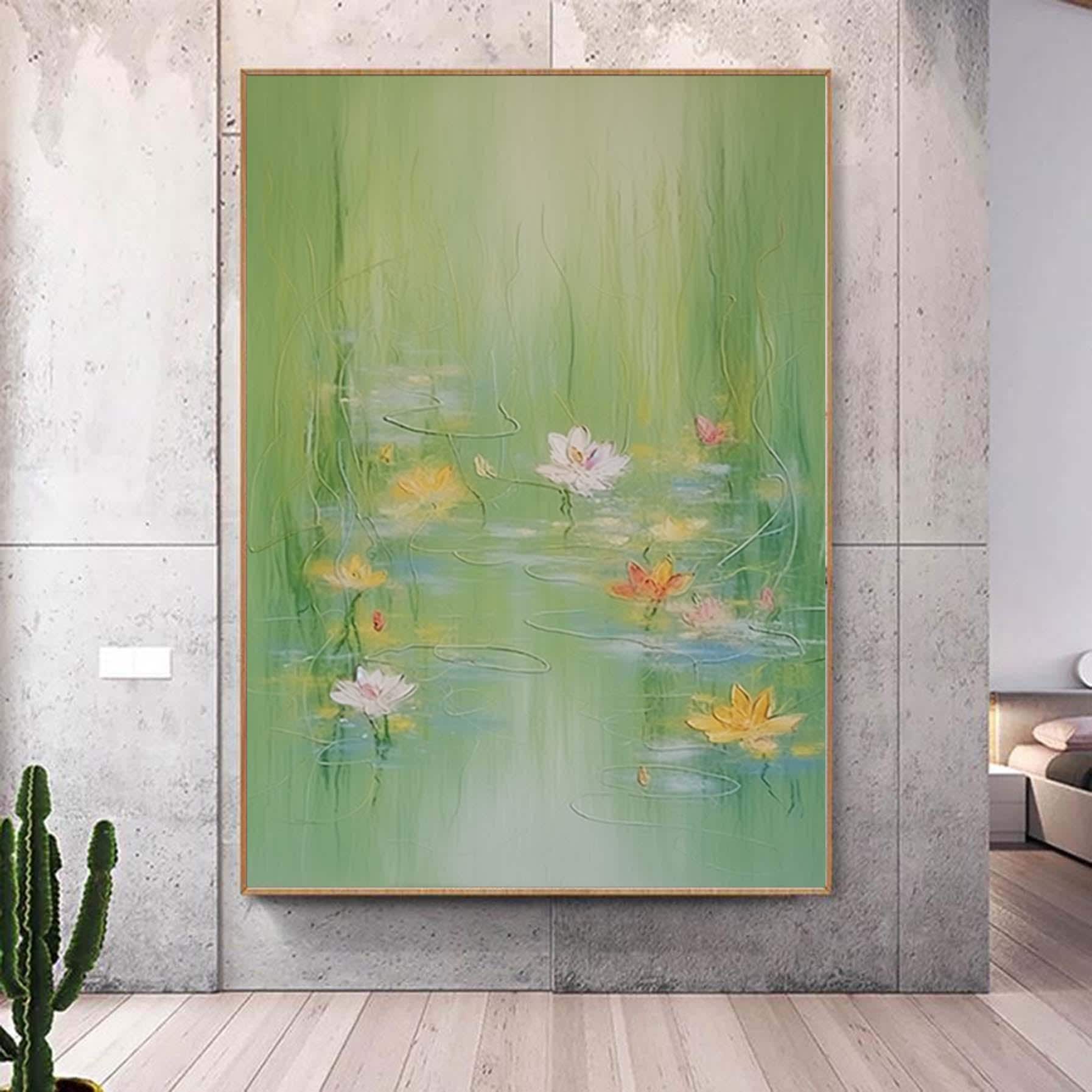 Extra Large Spring Season Painting,Large Floral in Pond Textured Painting,Oversized Minimalist Abstract Wall Art for Home